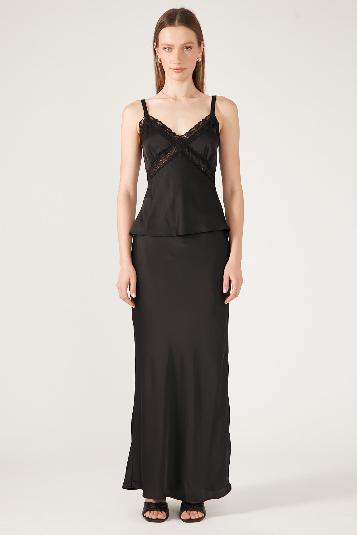 Perfect Stranger GLOSSY NIGHTS SATIN MIDI SKIRT Black