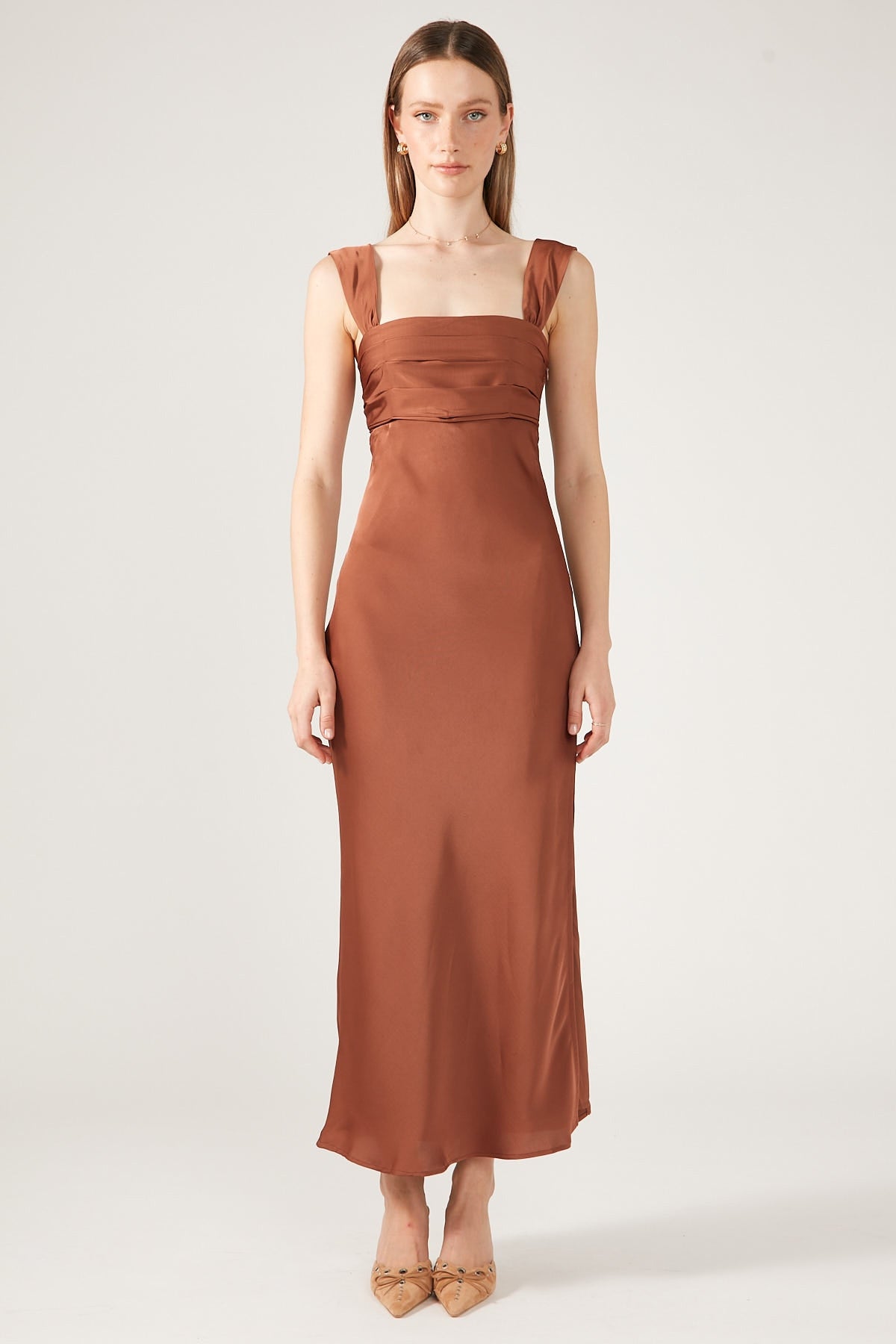 Perfect Stranger Simona Ruched Off Shoulder Dress Caramel