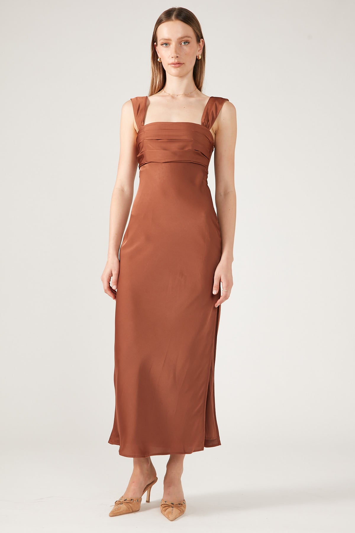 Perfect Stranger Simona Ruched Off Shoulder Dress Caramel