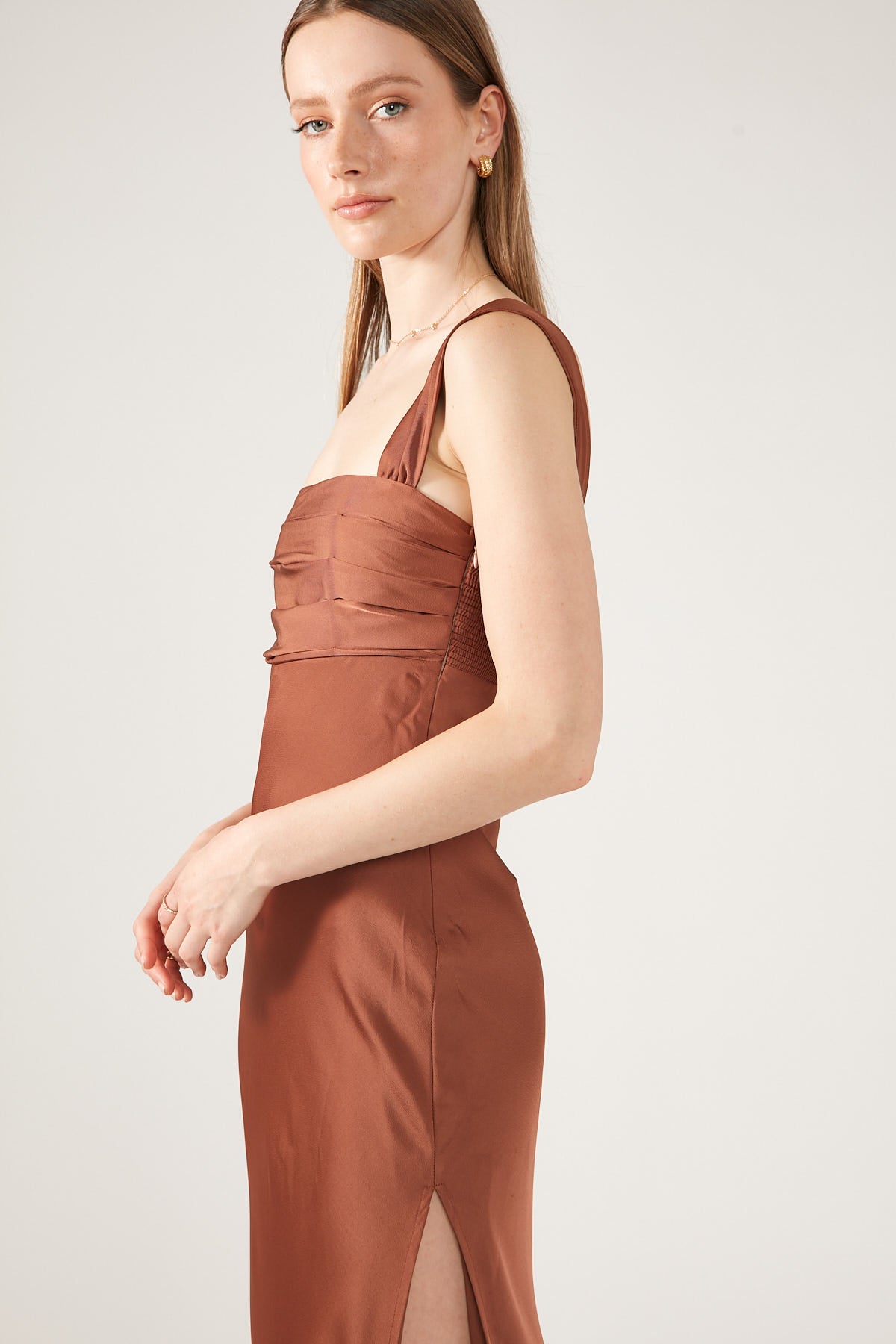 Perfect Stranger Simona Ruched Off Shoulder Dress Caramel