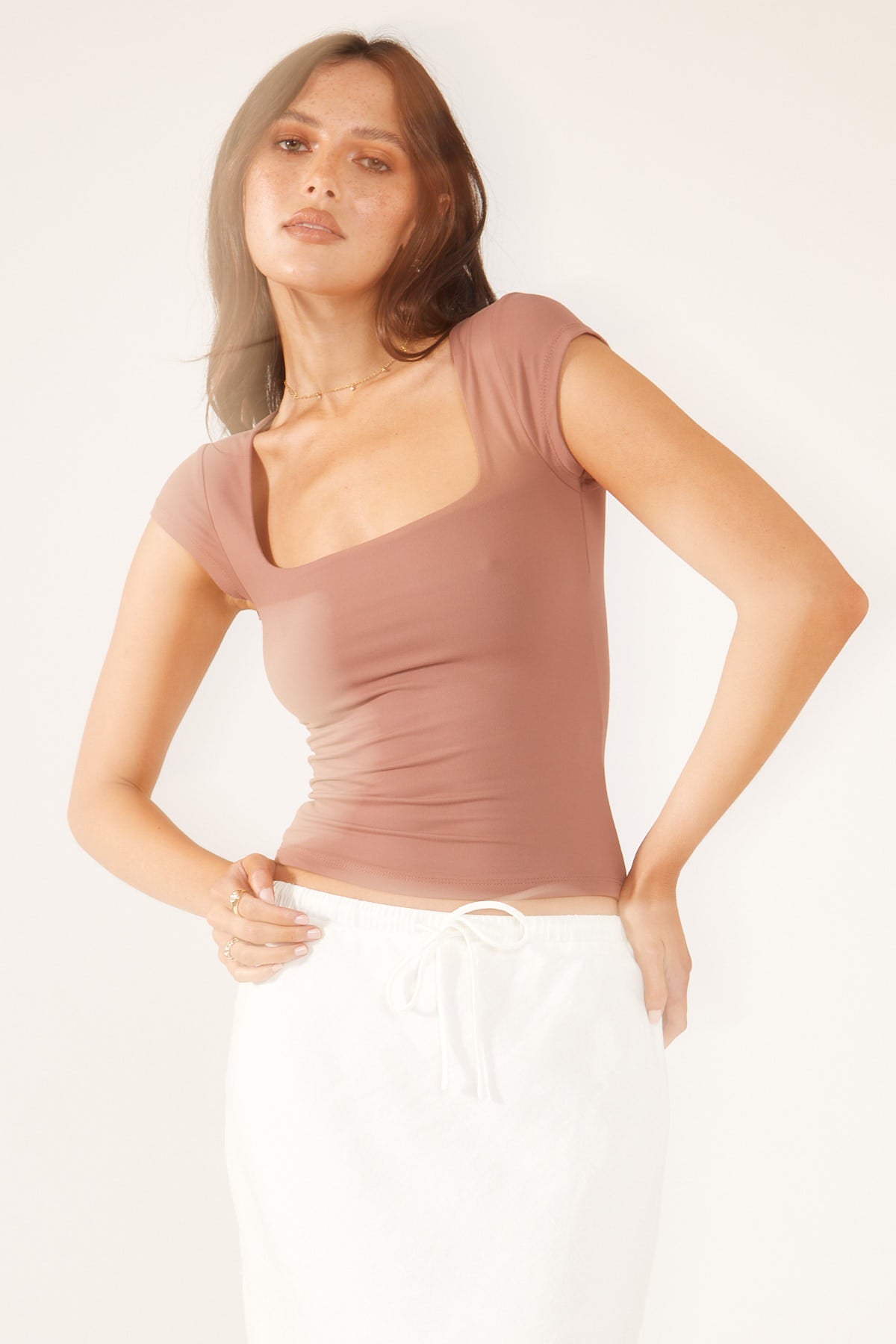 Perfect Stranger Scoop Neck Cap Sleeve Tee Caramel