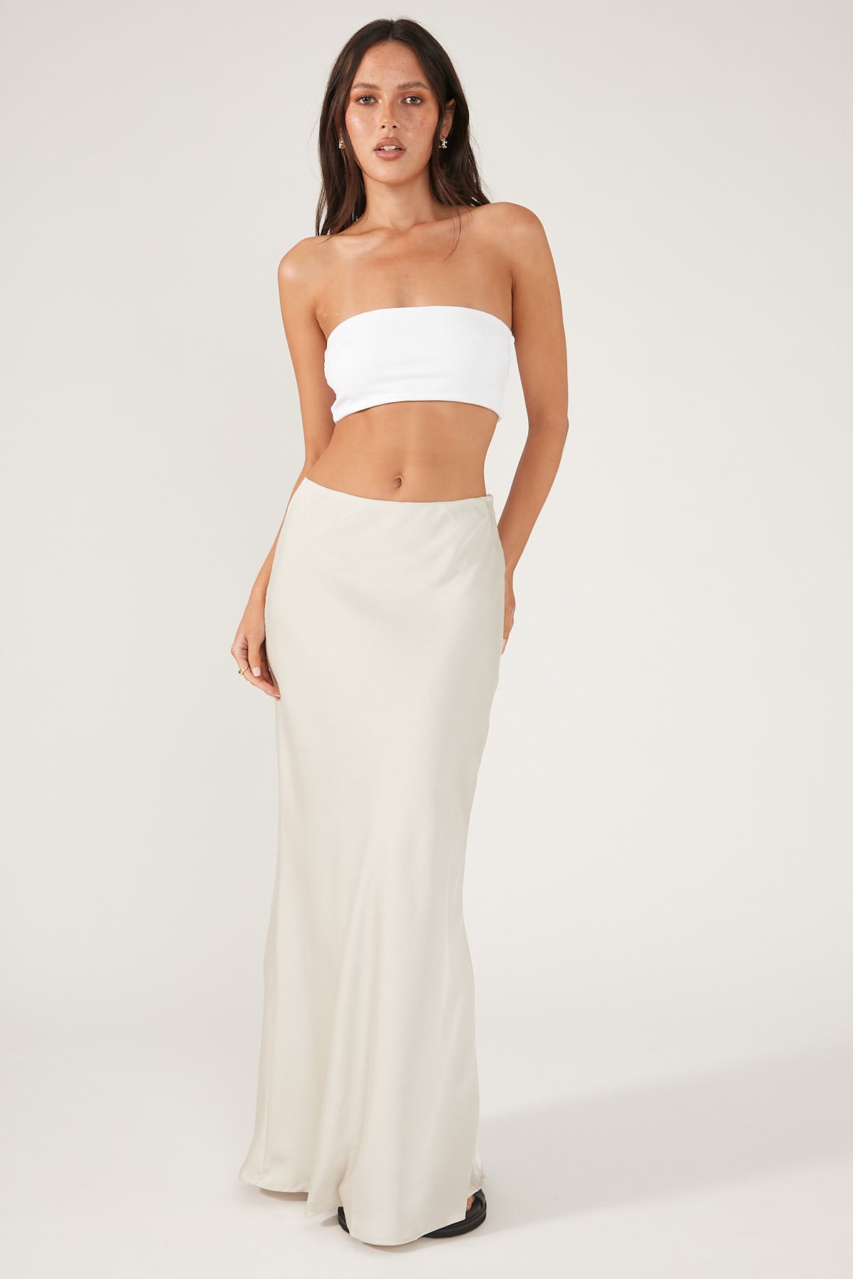 Perfect Stranger Glossy Nights Satin Midi Skirt Beige