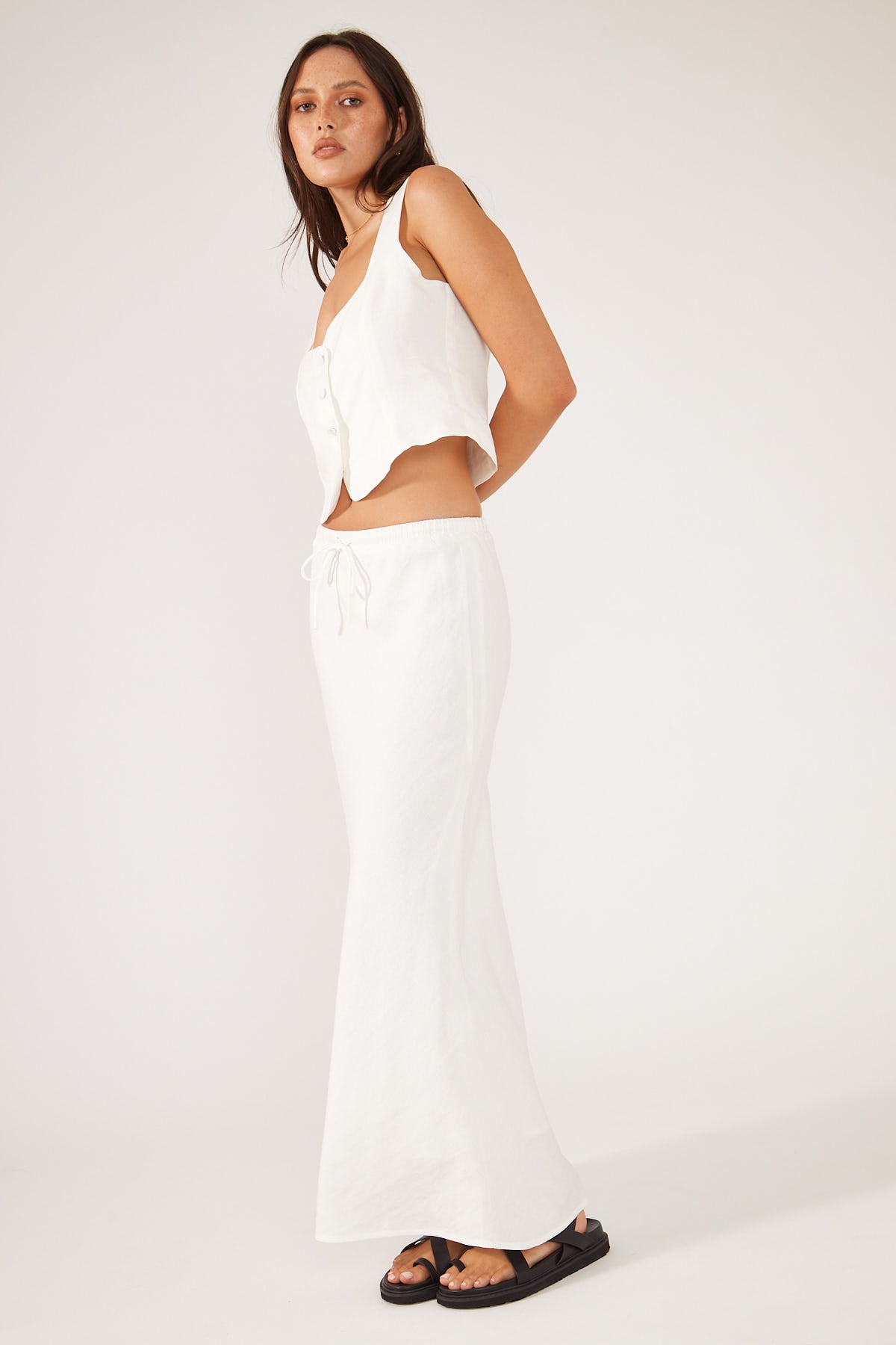 Perfect Stranger Marcella Linen Drawcord Midi Skirt White