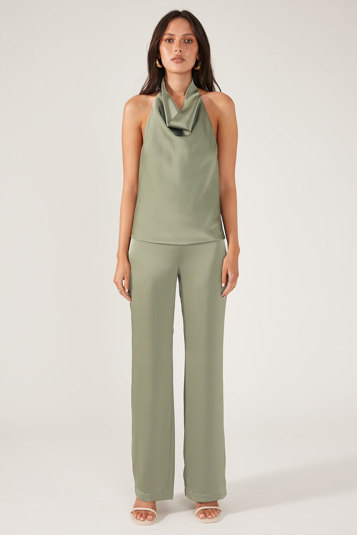 Perfect Stranger OLI SATIN COWL HALTER TOP Green