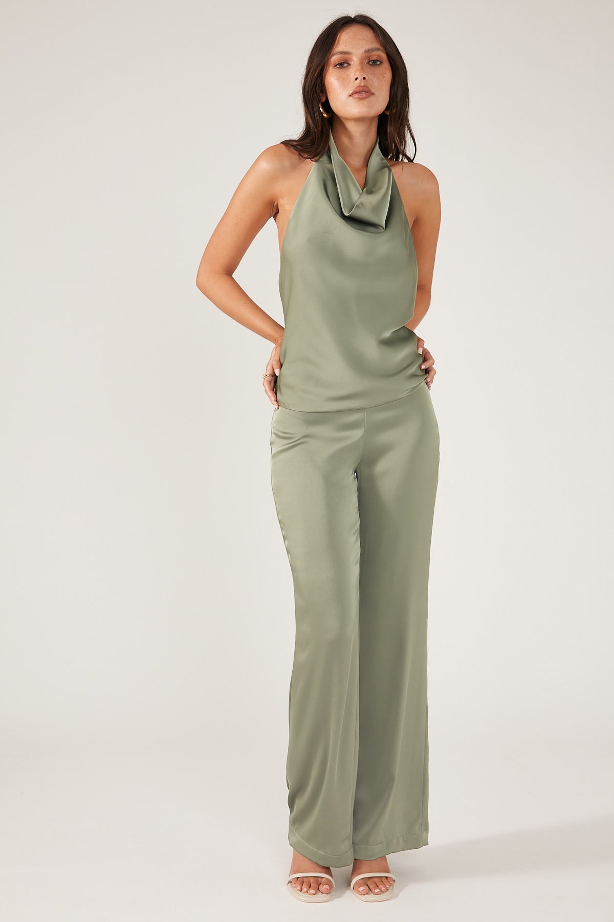 Perfect Stranger OLI SATIN COWL HALTER TOP Green