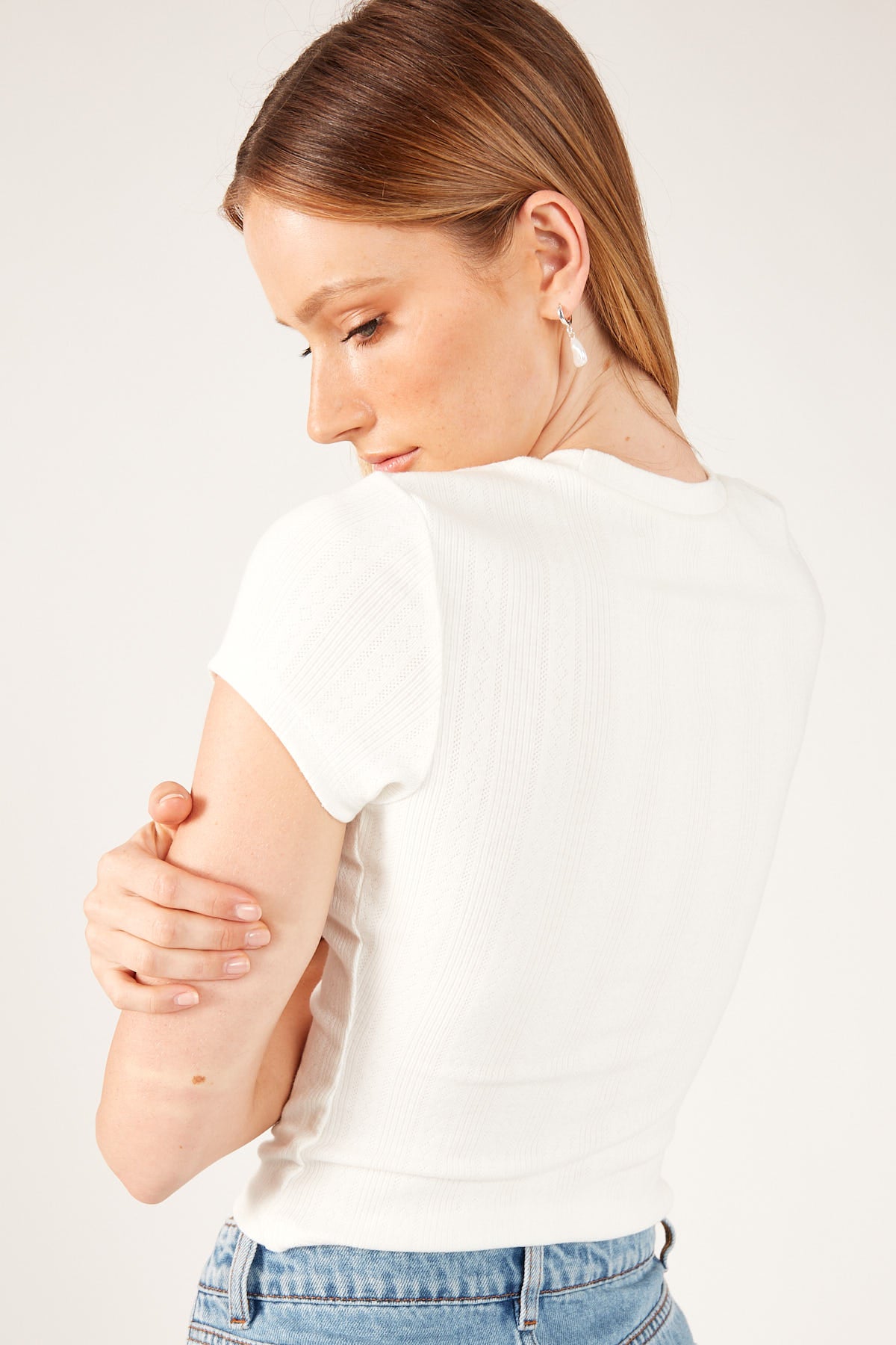 Perfect Stranger Pointelle Cap Sleeve Tee White