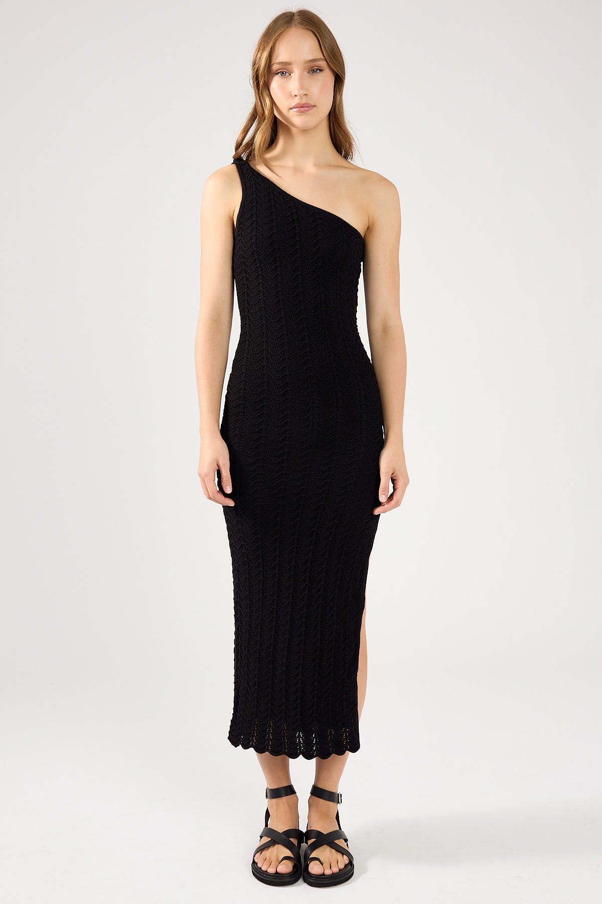 Perfect Stranger Alma One Shoulder Crochet Midi dress Black