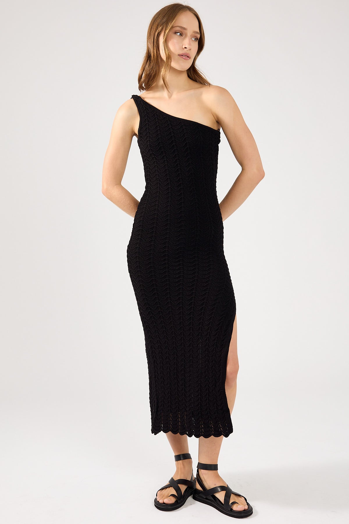 Perfect Stranger Alma One Shoulder Crochet Midi dress Black