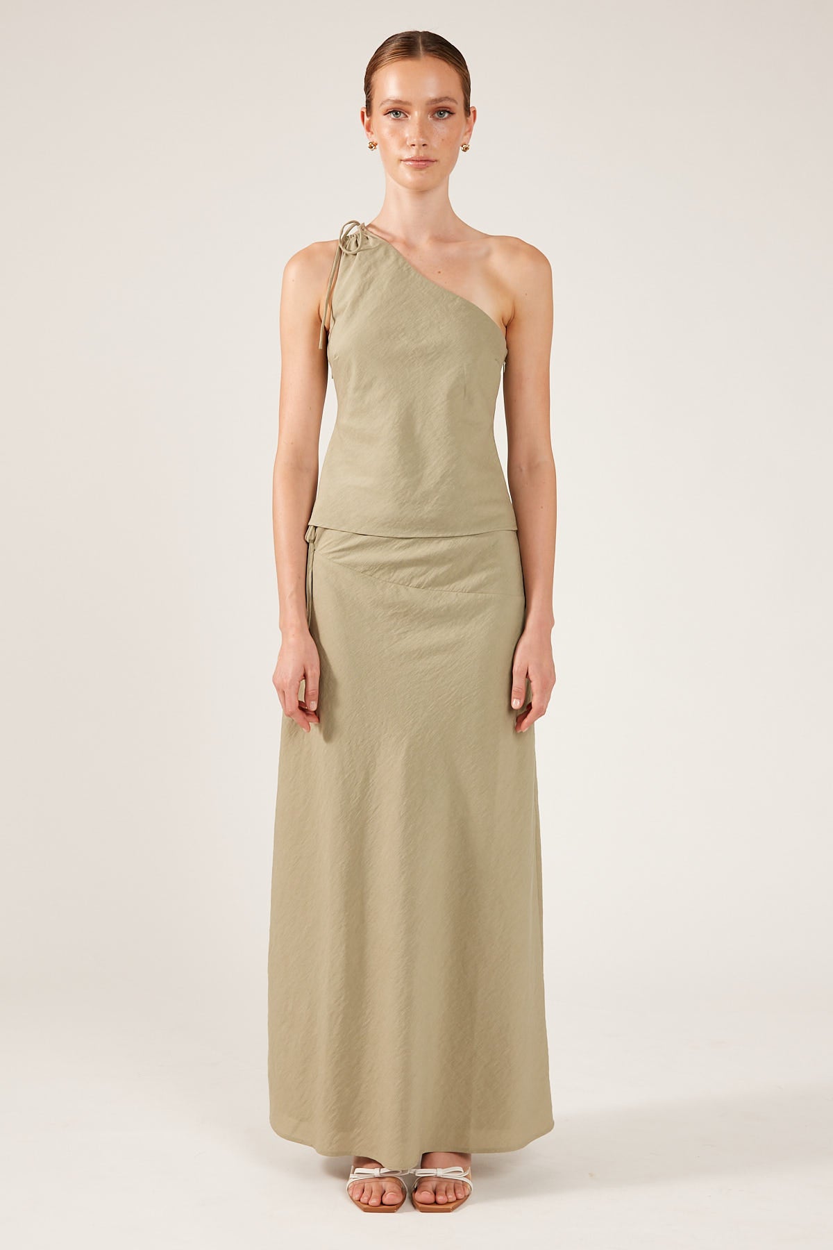 Perfect Stranger Costa One Shoulder Tie Up Top Khaki Green