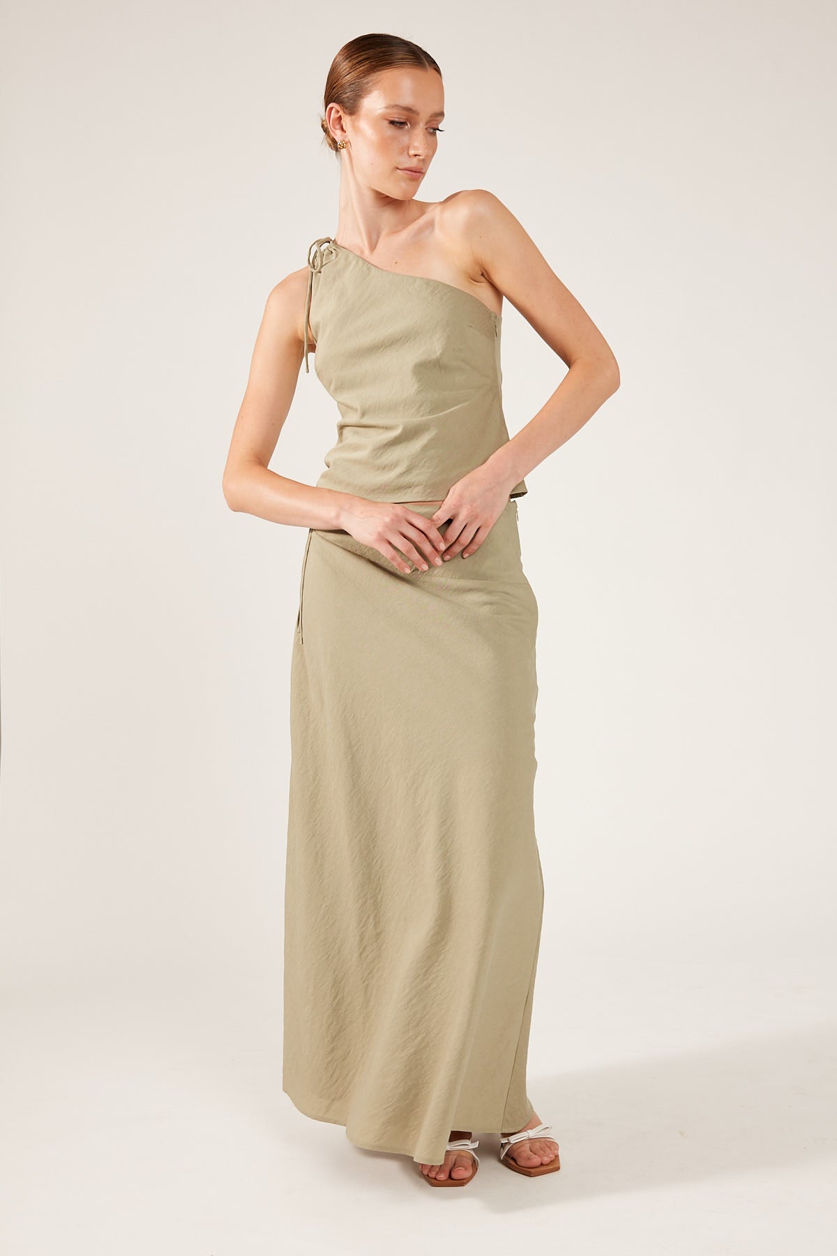 Perfect Stranger Costa One Shoulder Tie Up Top Khaki Green
