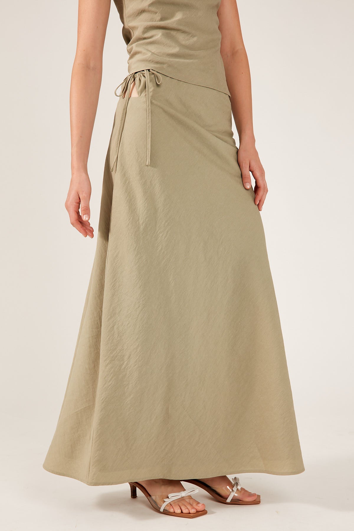 Perfect Stranger Costa Tie Up Maxi Skirt Khaki Green