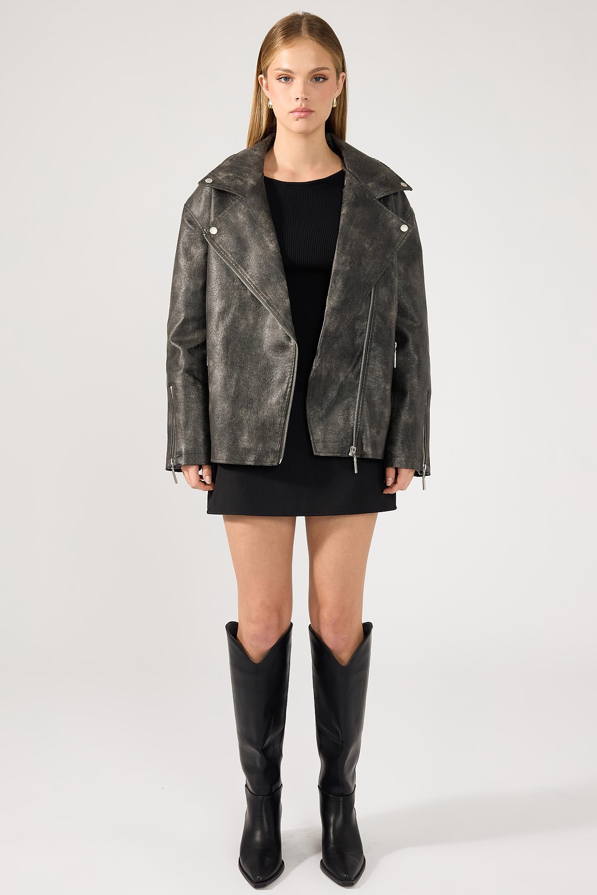 Perfect Stranger Zyra Oversized PU Biker Jacket Washed Black
