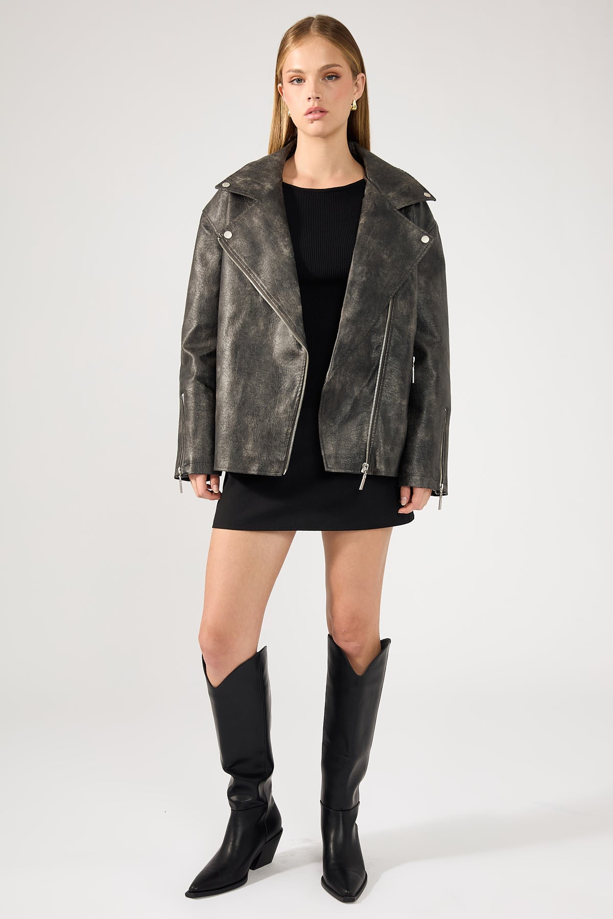 Perfect Stranger Zyra Oversized PU Biker Jacket Washed Black