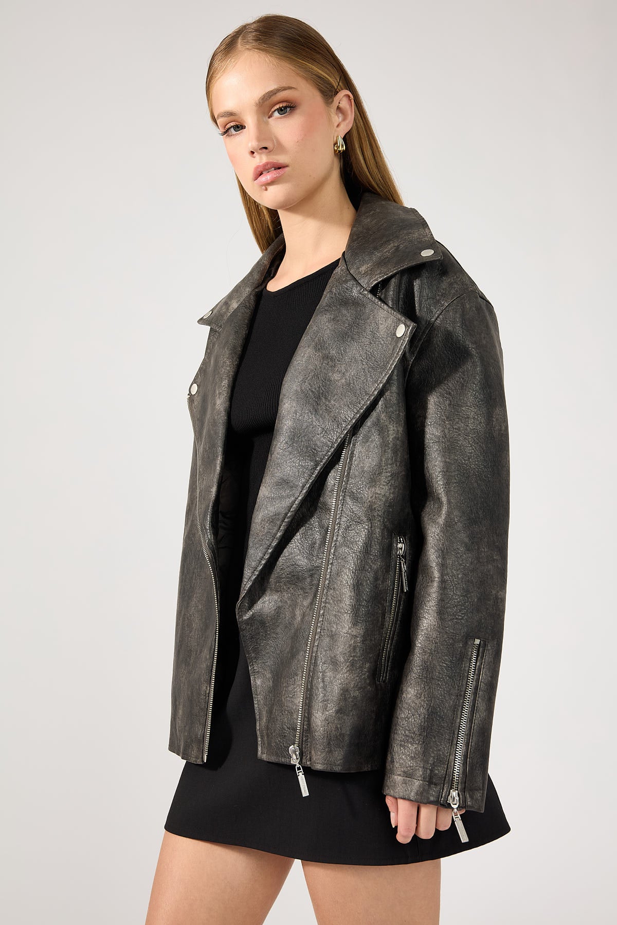 Perfect Stranger Zyra Oversized PU Biker Jacket Washed Black