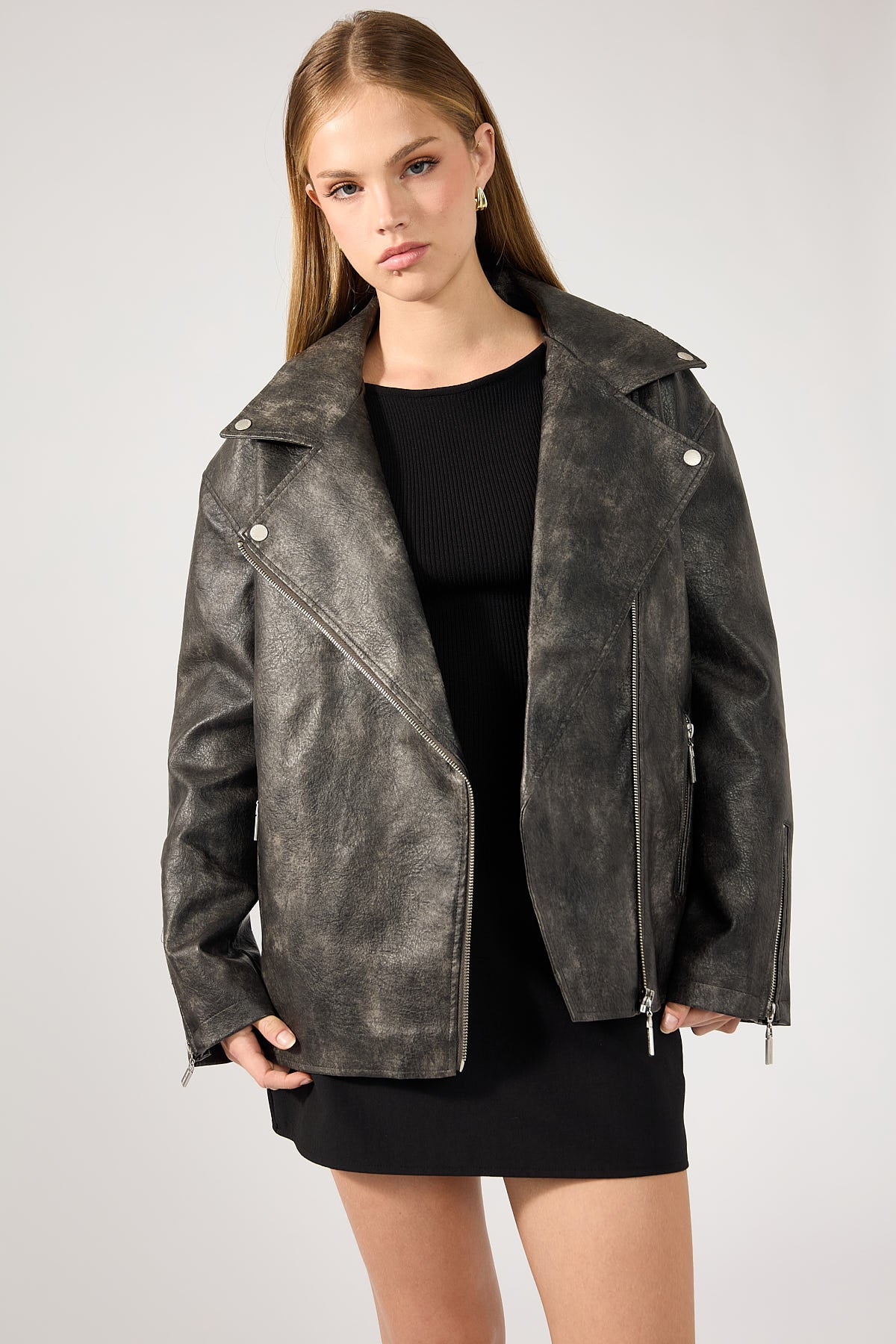 Perfect Stranger Zyra Oversized PU Biker Jacket Washed Black
