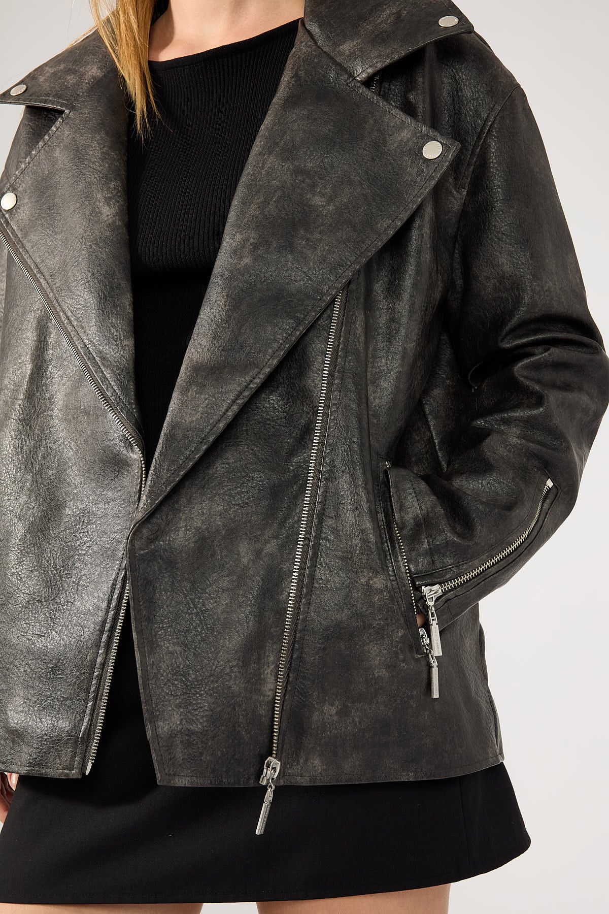 Perfect Stranger Zyra Oversized PU Biker Jacket Washed Black