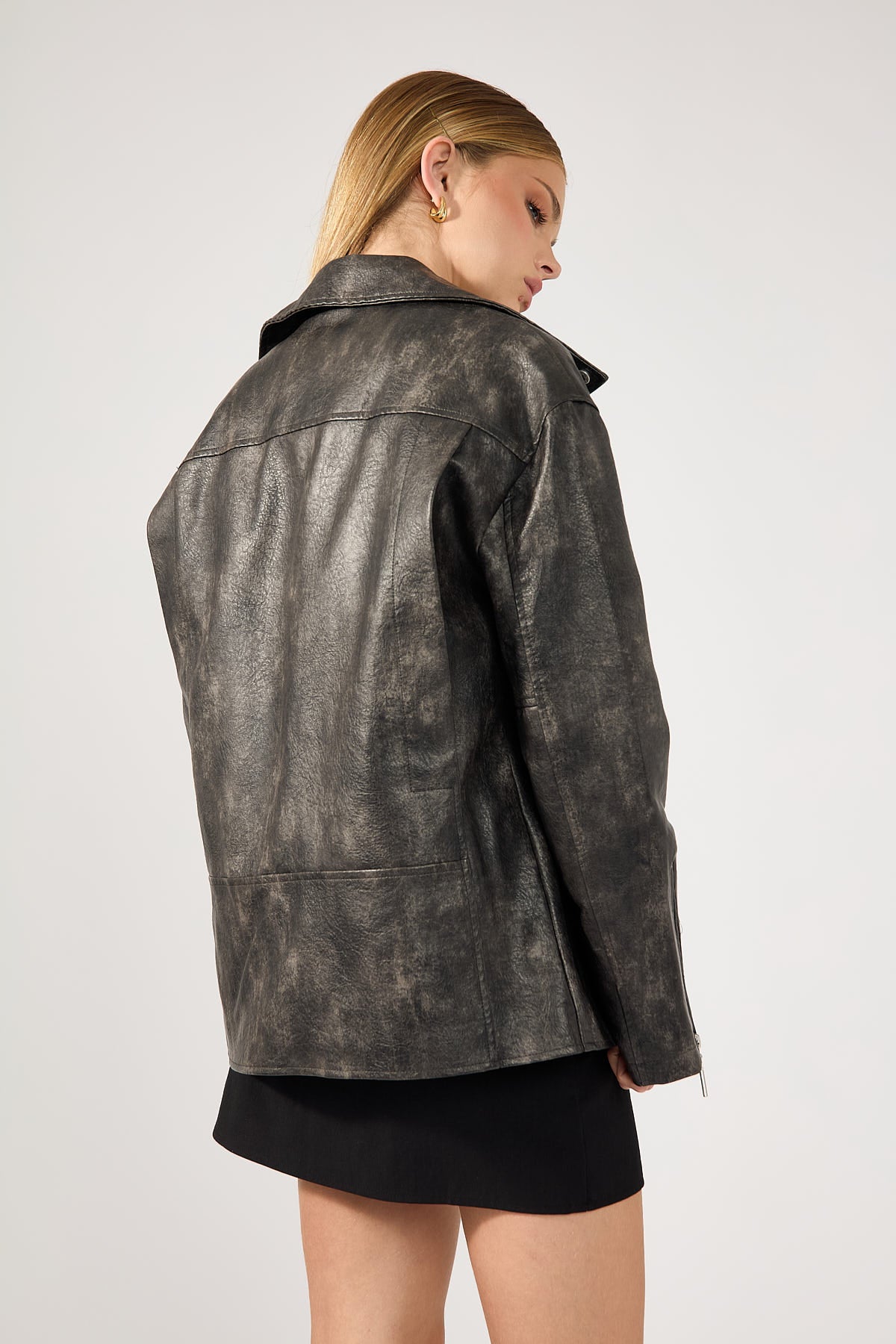 Perfect Stranger Zyra Oversized PU Biker Jacket Washed Black