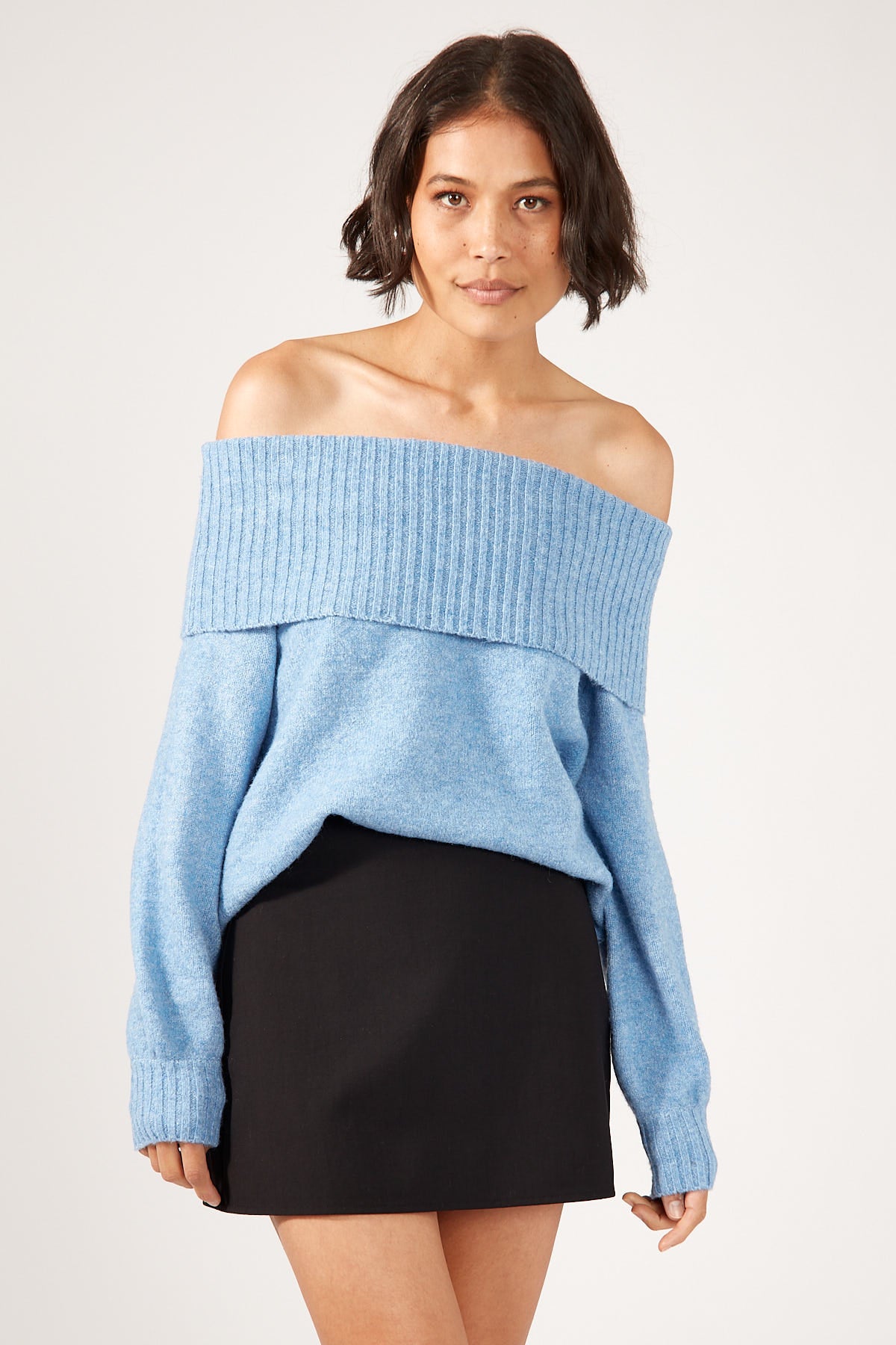 Perfect Stranger Off Shoulder Relaxed Knit Jumper Blue