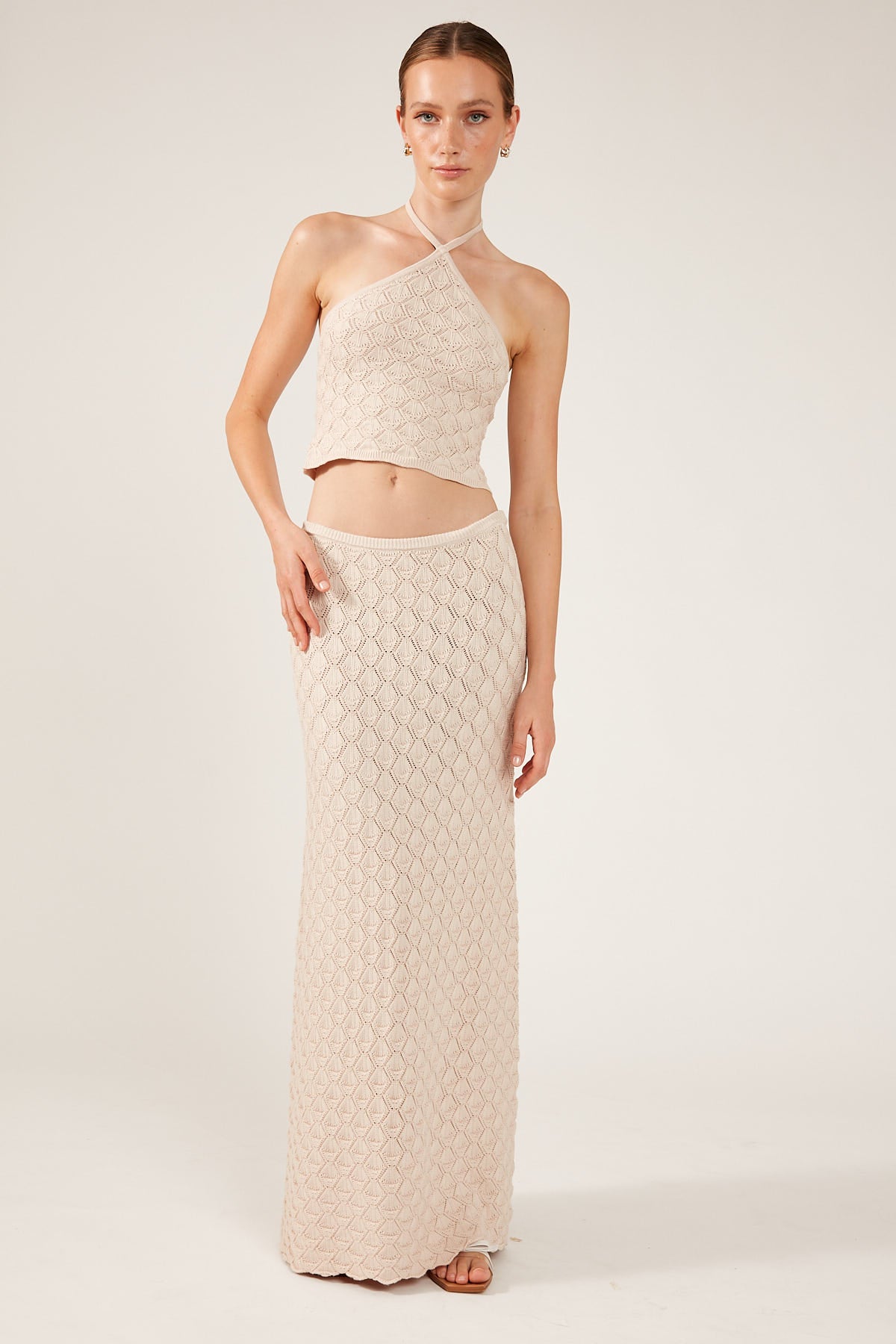 Perfect Stranger Golden Hour Crochet Knit Maxi Skirt Nude