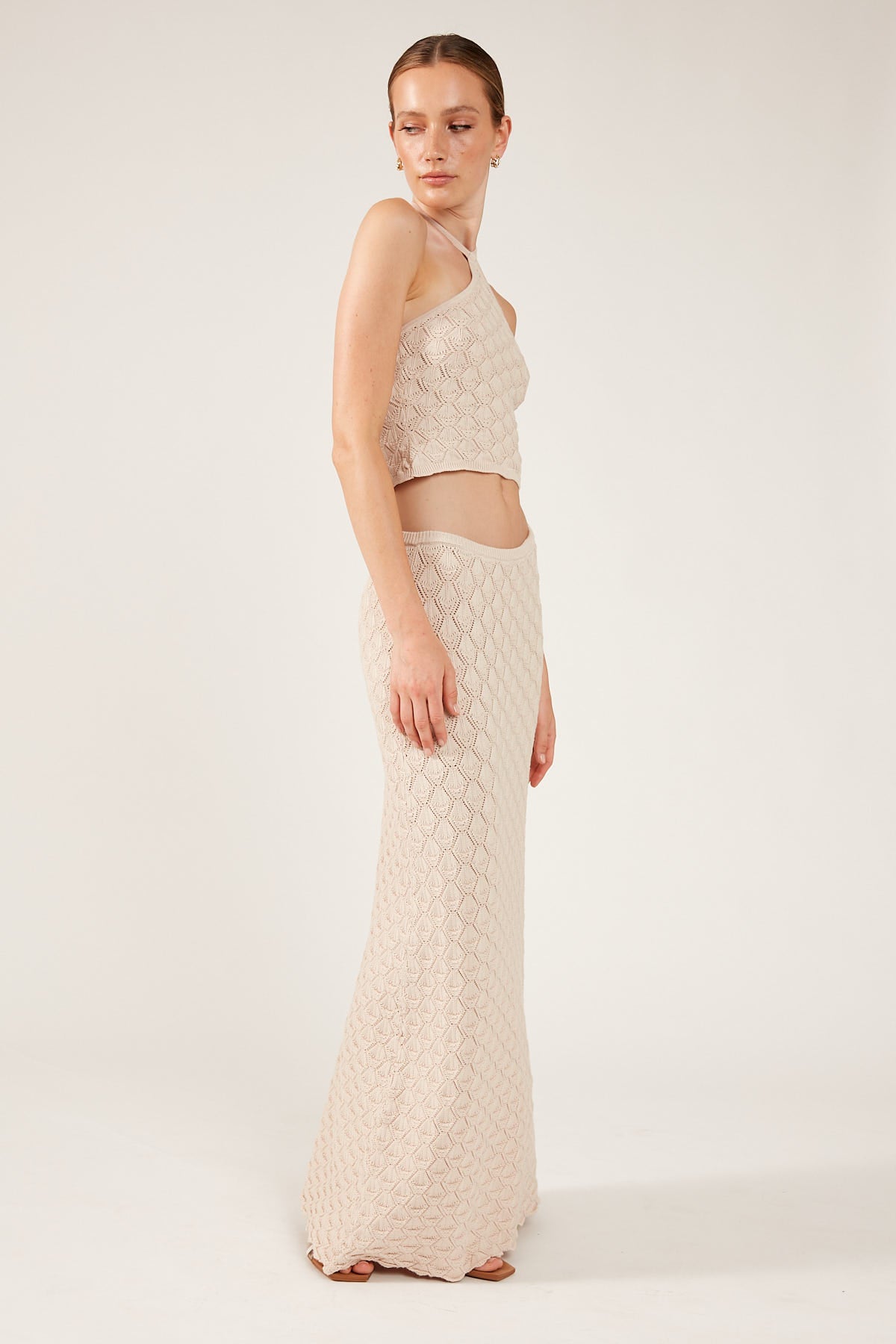 Perfect Stranger Golden Hour Crochet Knit Maxi Skirt Nude