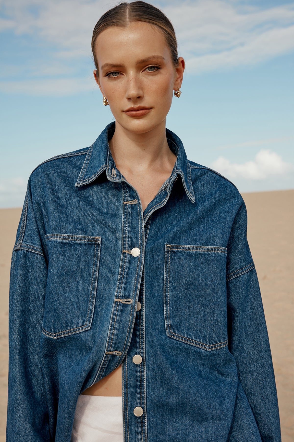 Perfect Stranger Sonya Denim Over Shirt Mid Blue Denim