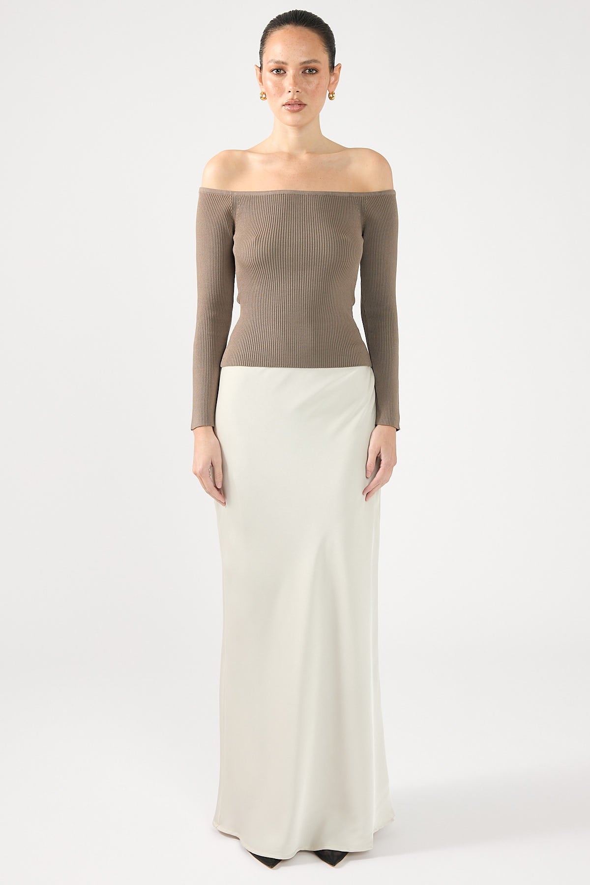 Perfect Stranger Ribbed Off Shoulder Long Sleeve Top TAUPE