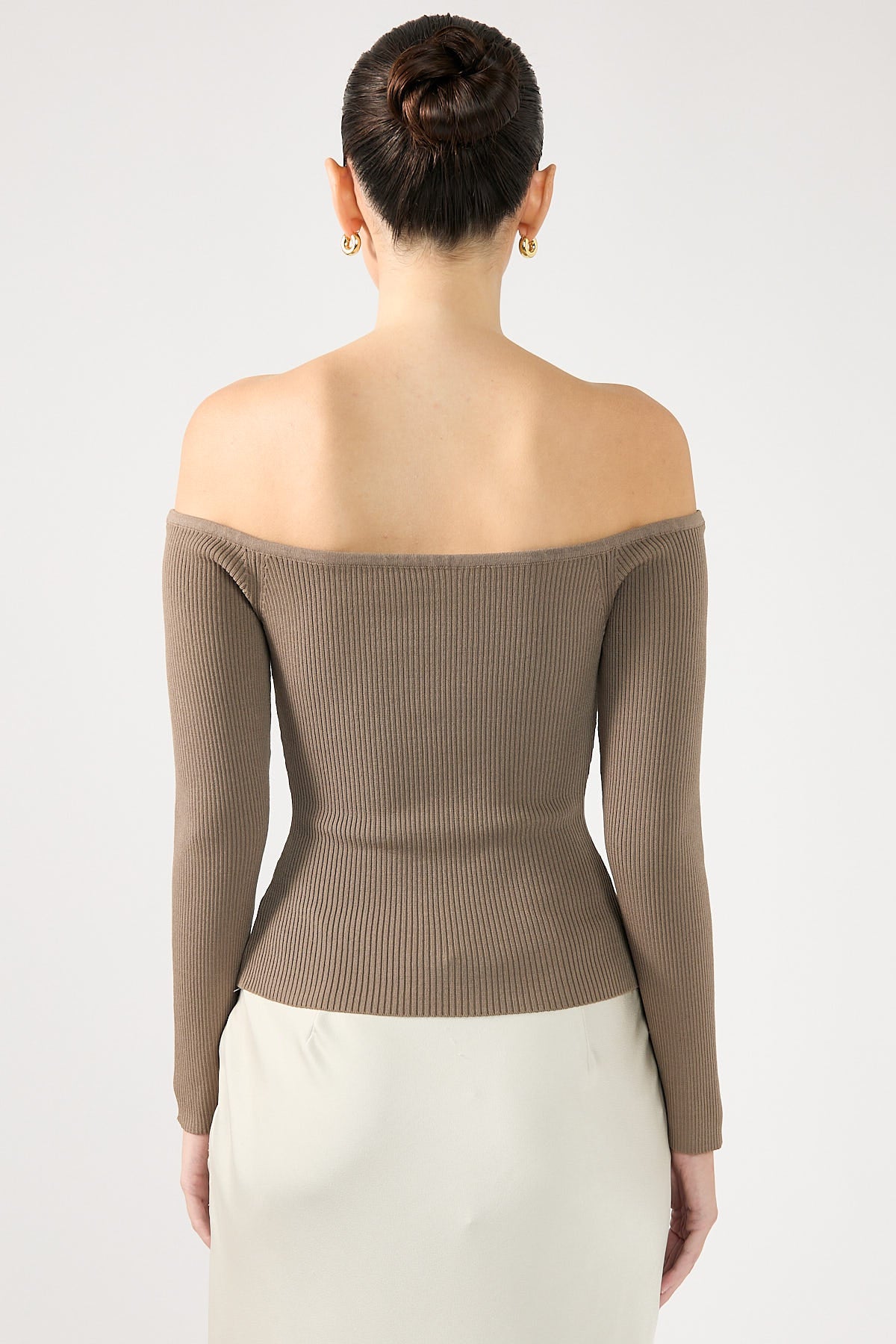 Perfect Stranger Ribbed Off Shoulder Long Sleeve Top TAUPE