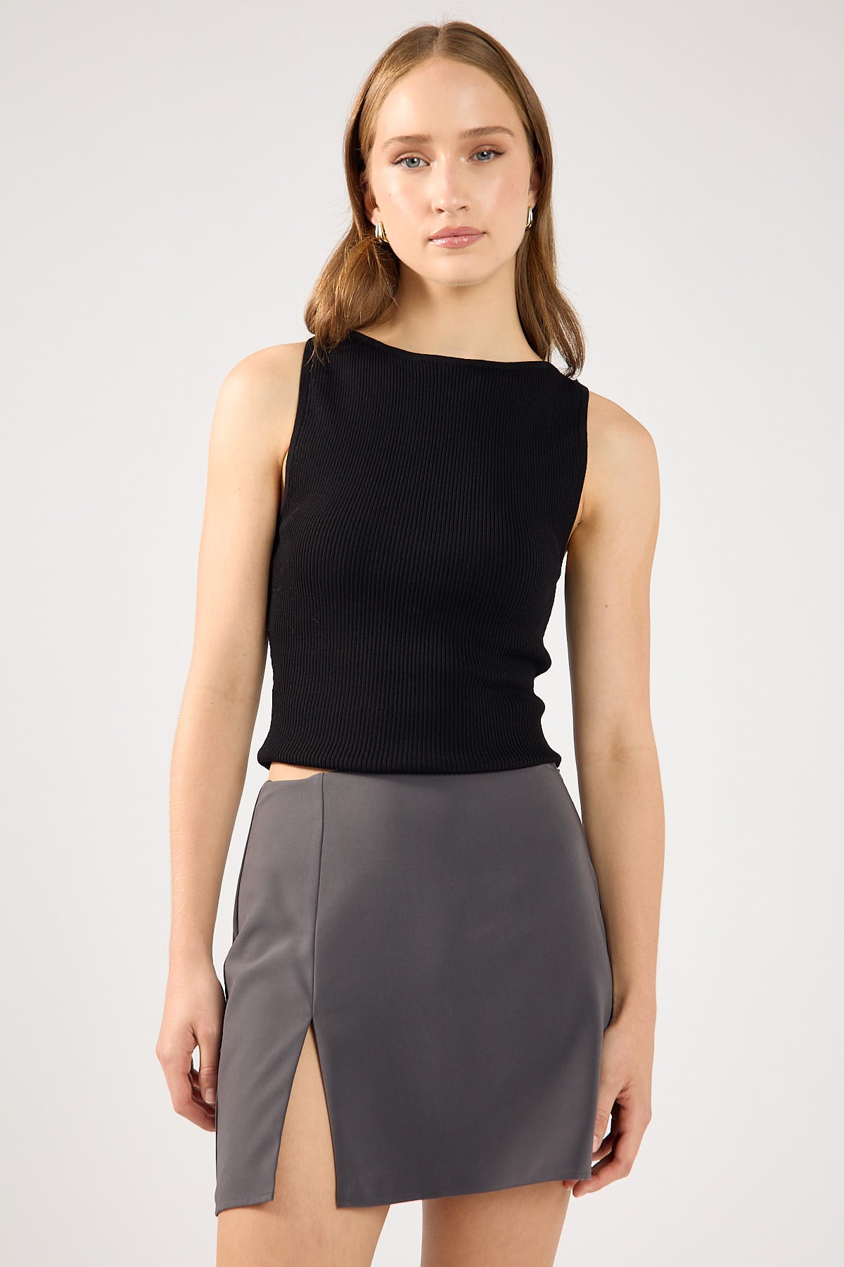 Perfect Stranger Front Split High Waist Mini Skirt Charcoal