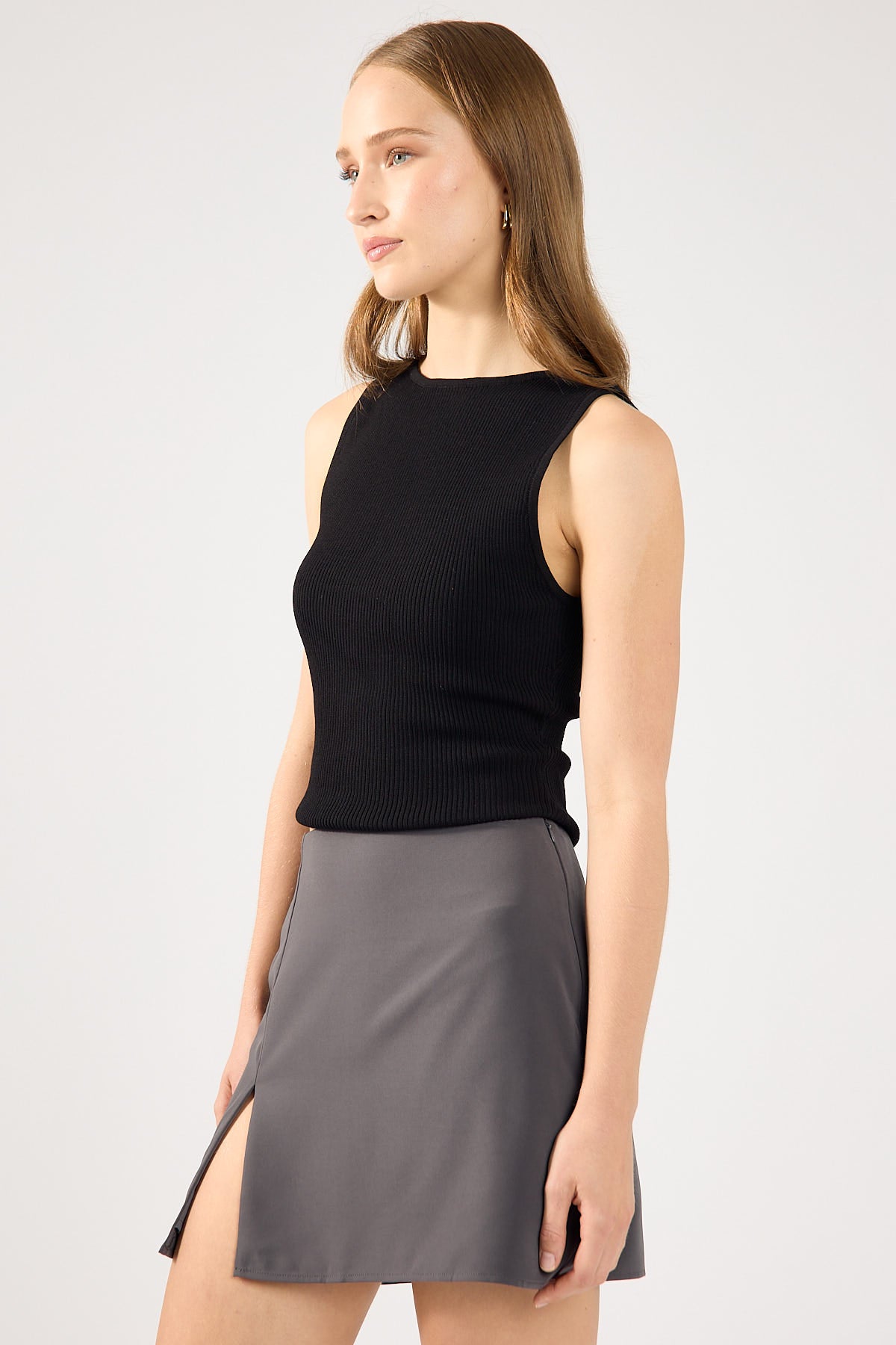 Perfect Stranger Front Split High Waist Mini Skirt Charcoal