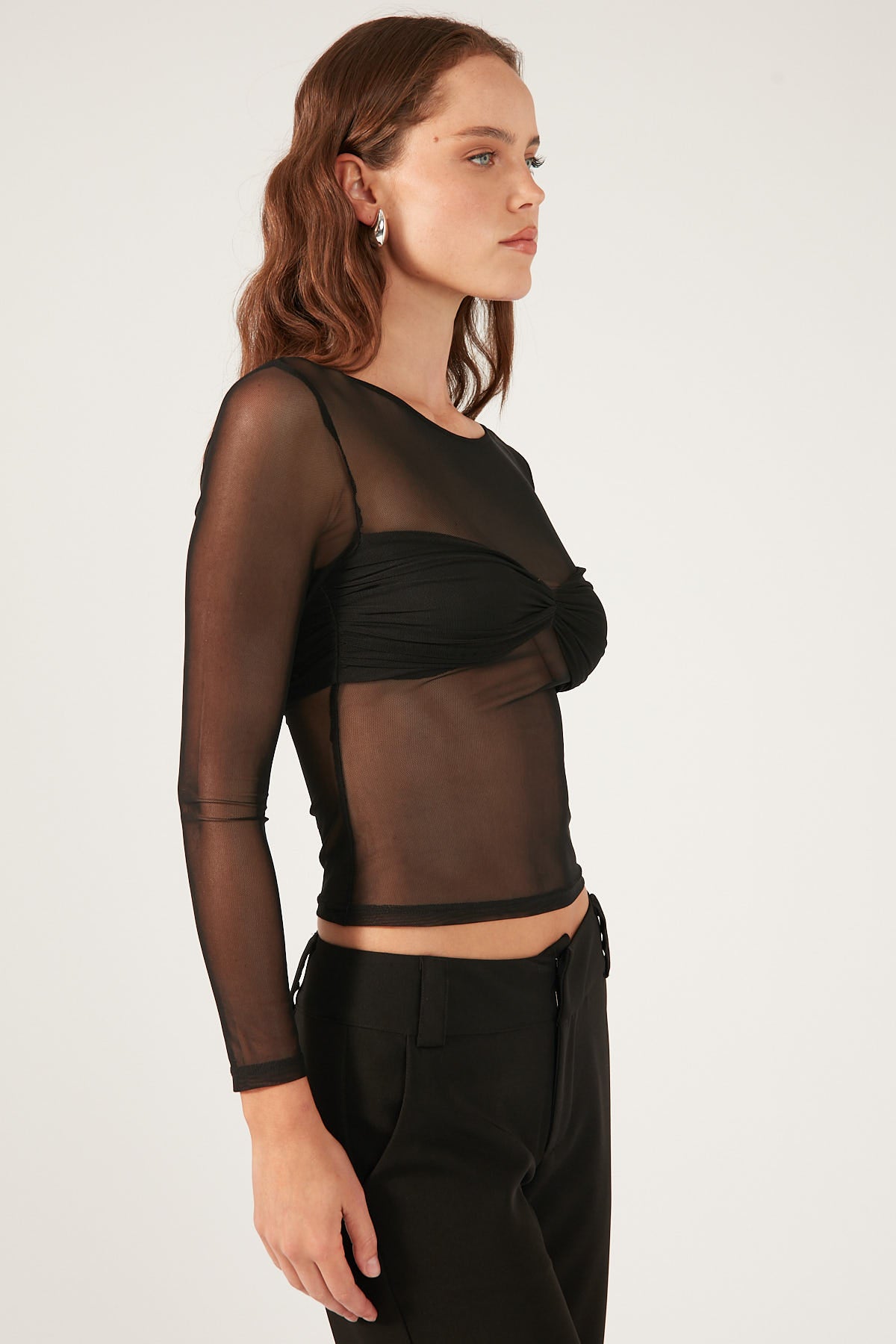 Perfect Stranger TWISTED MESH LONG SLEEVE TOP Black