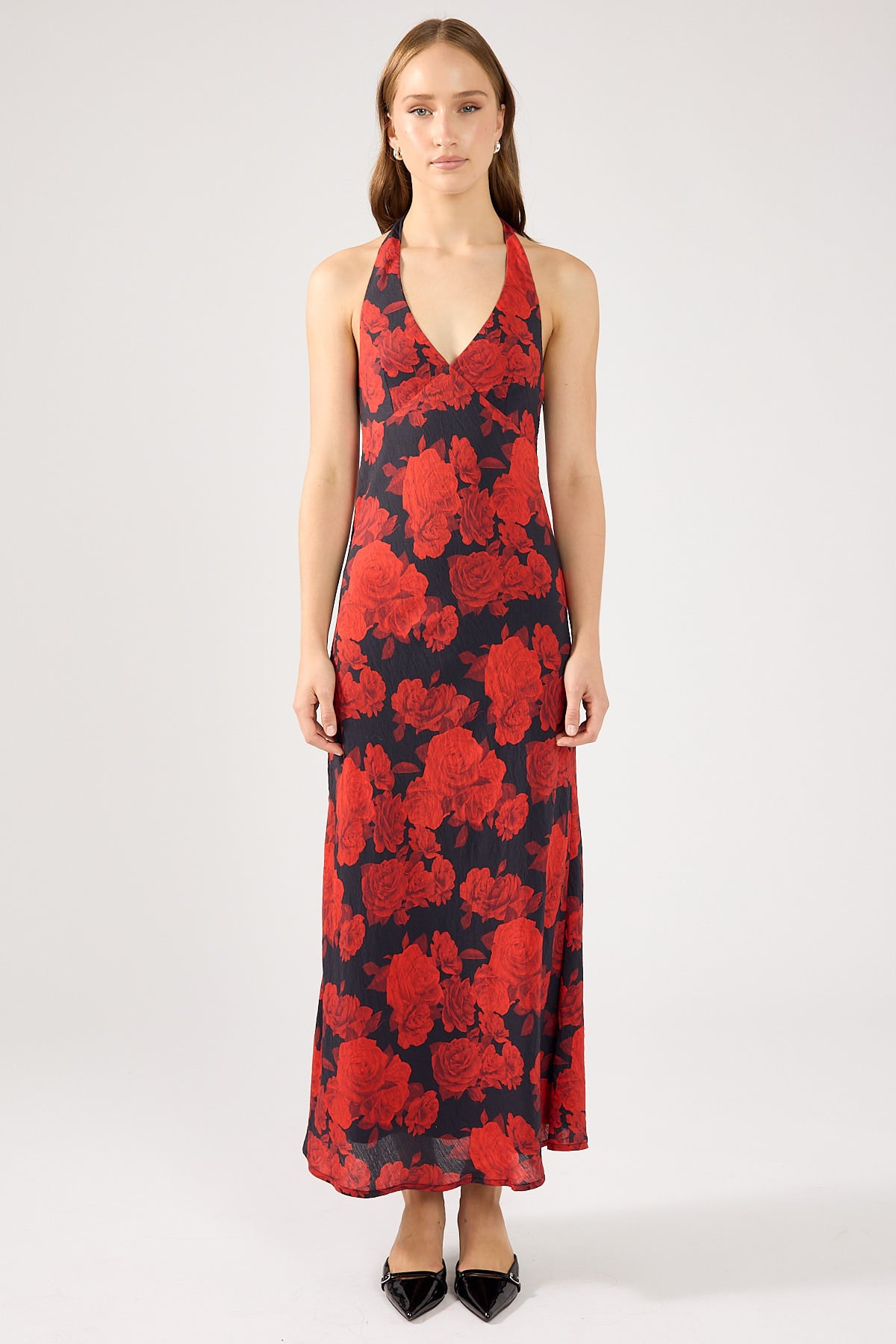 Perfect Stranger La Rosalia Halter Midi Dress Red Print