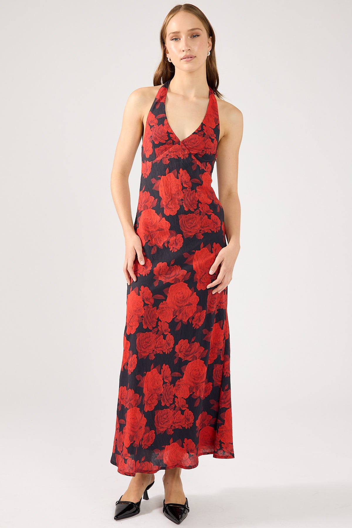 Perfect Stranger La Rosalia Halter Midi Dress Red Print