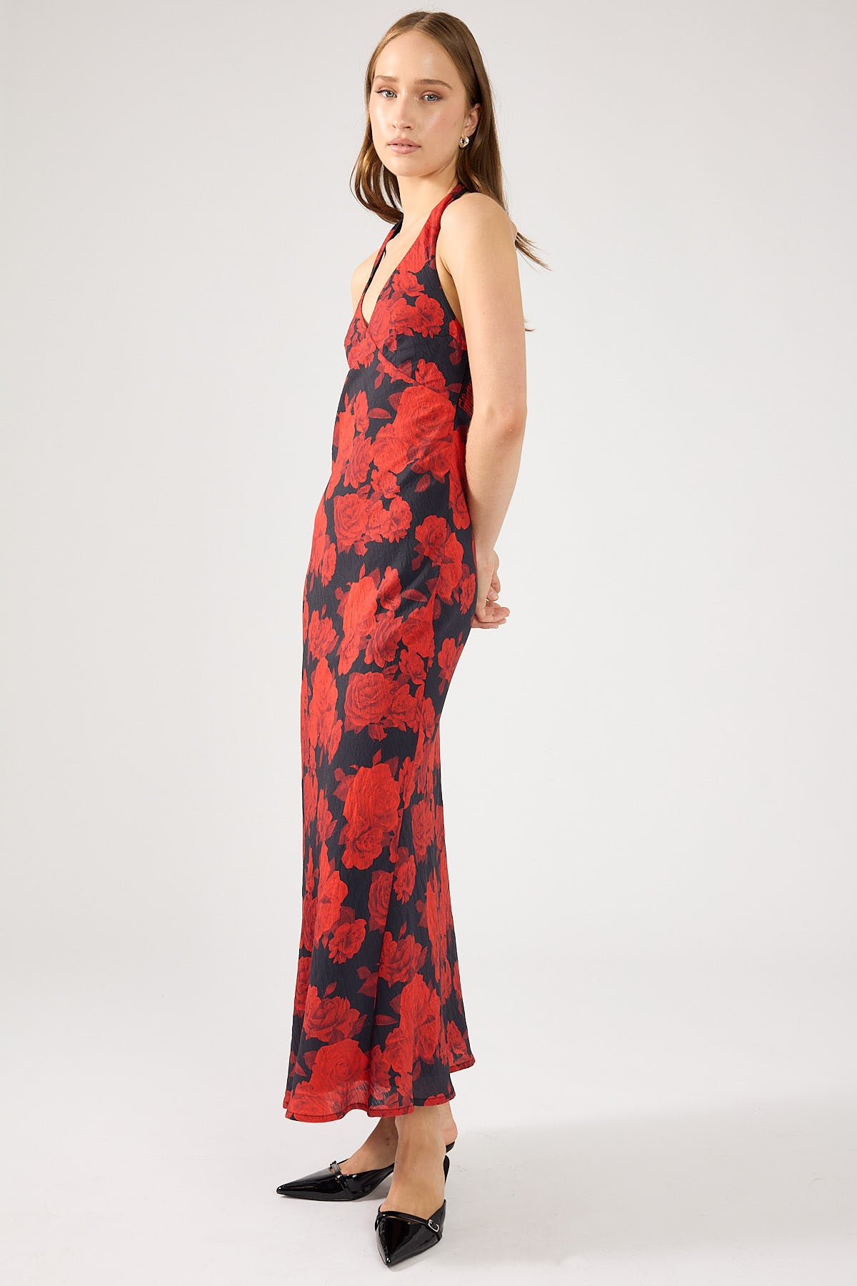 Perfect Stranger La Rosalia Halter Midi Dress Red Print