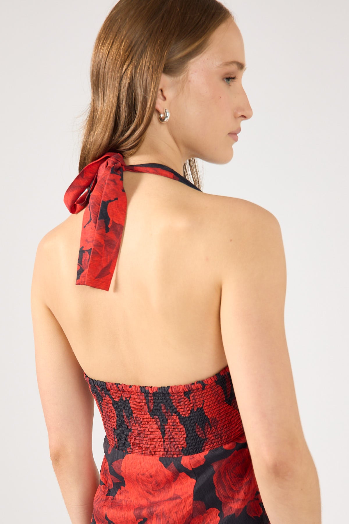 Perfect Stranger La Rosalia Halter Midi Dress Red Print