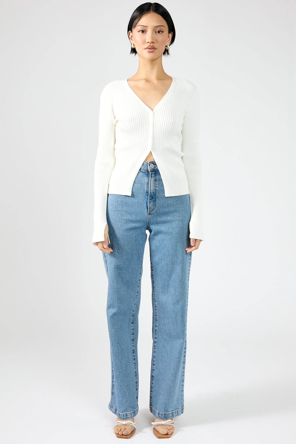 Perfect Stranger Kait Button Front Long Sleeve Knit Top Off White