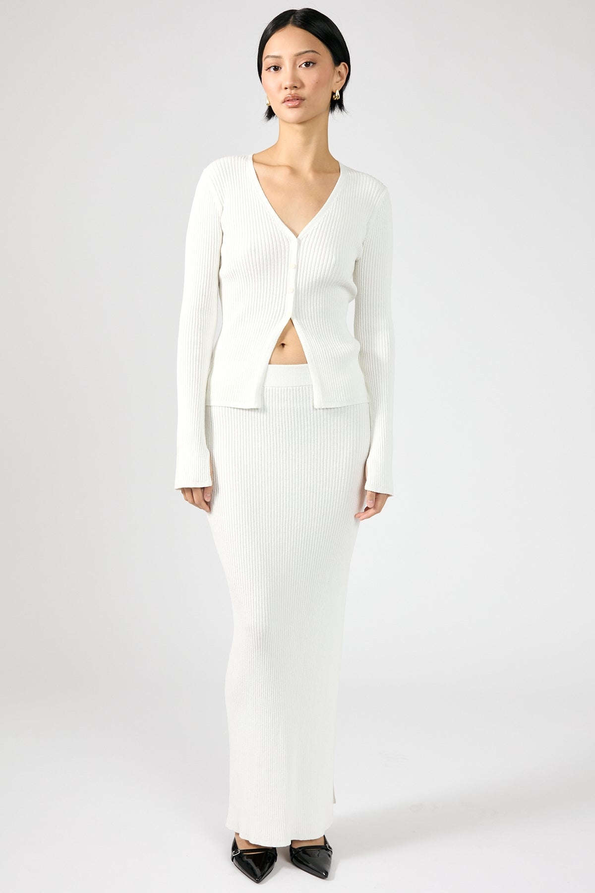 Perfect Stranger Kait Button Front Long Sleeve Knit Top Off White