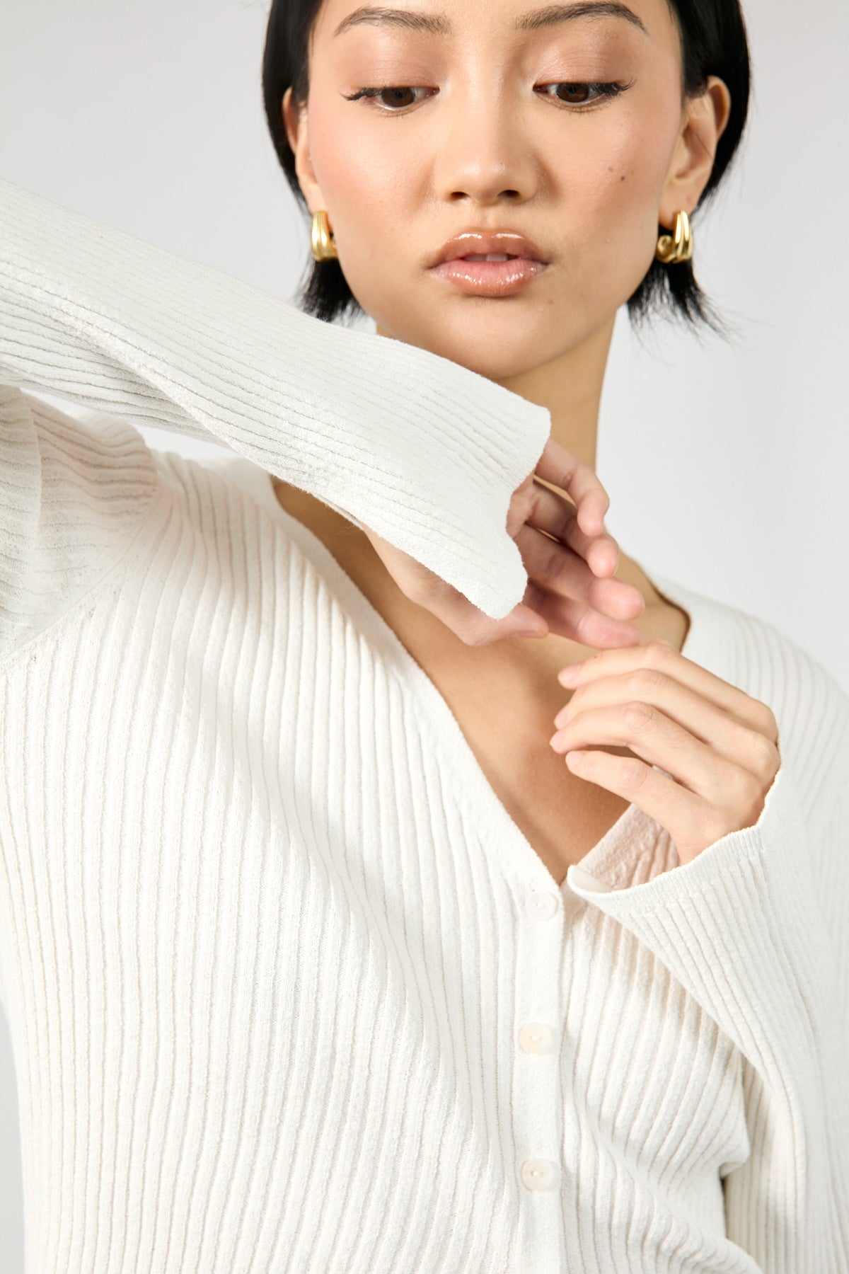 Perfect Stranger Kait Button Front Long Sleeve Knit Top Off White