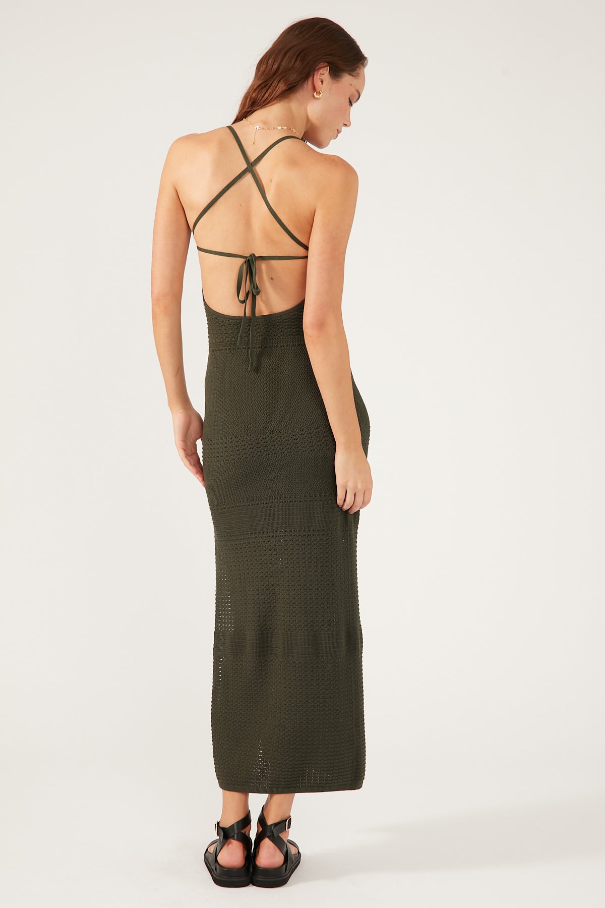 Perfect Stranger Soleil Crochet Midi Dress Khaki Green