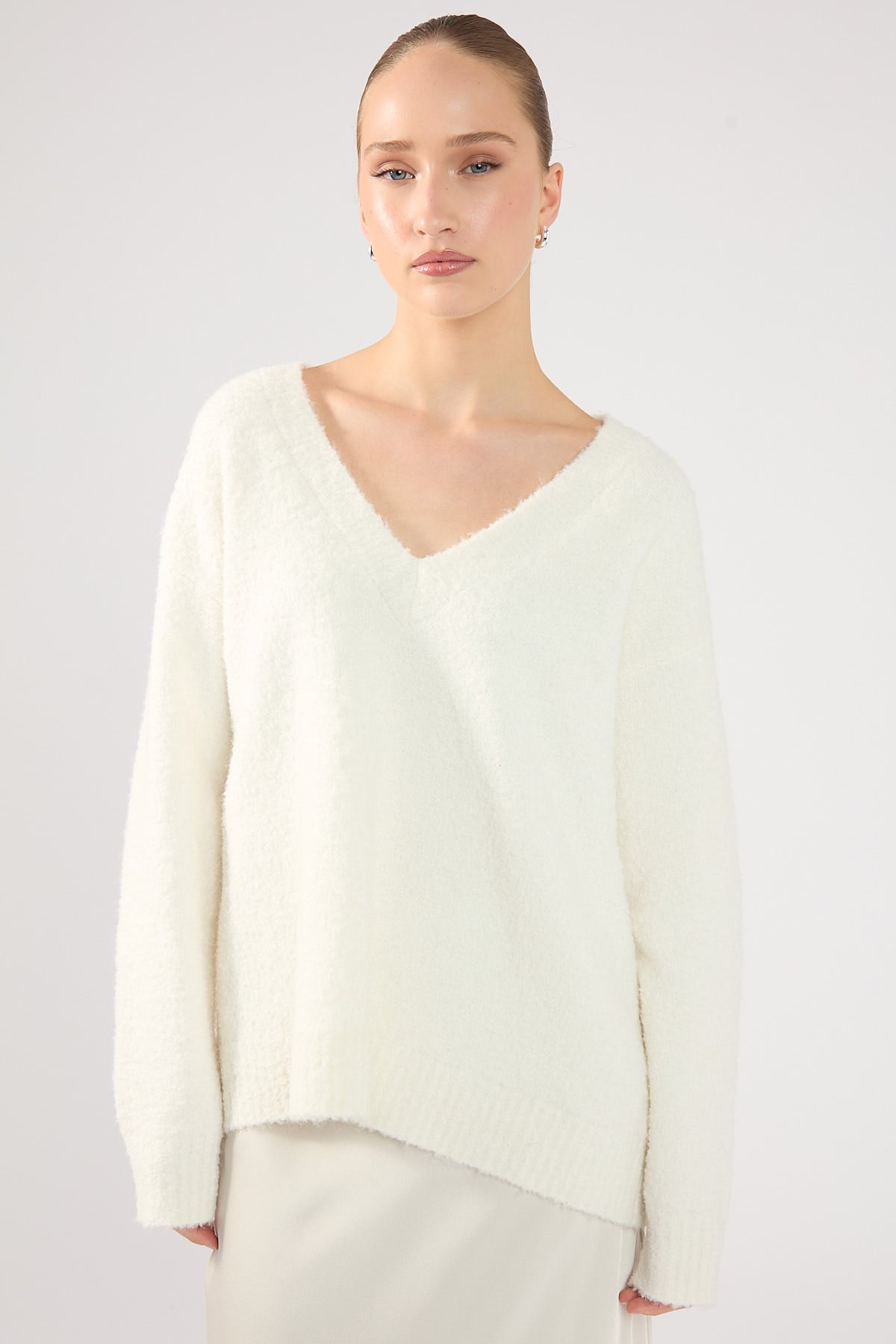 Perfect Stranger Elisa Boucle Knit V Neck Sweater Cream