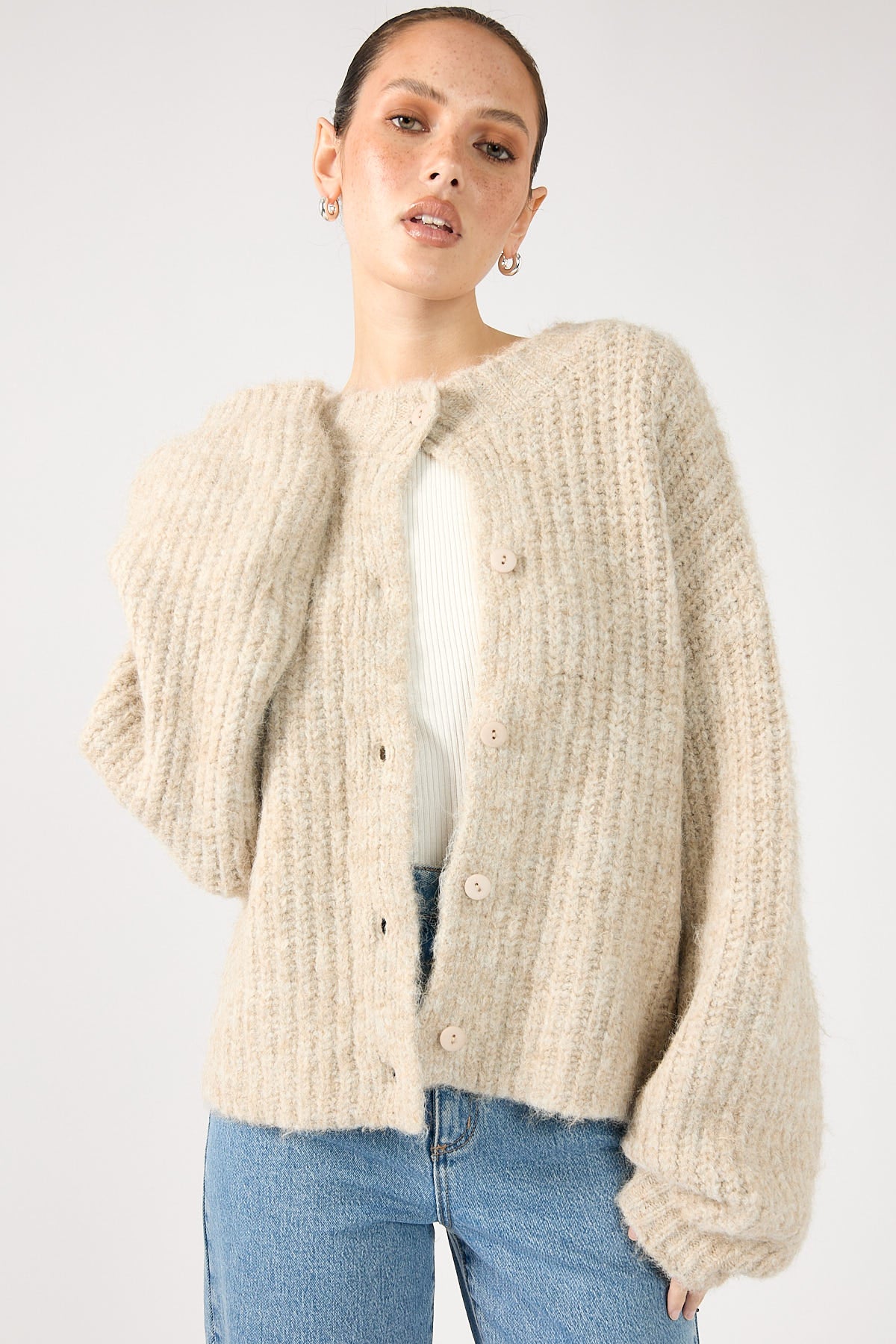 Perfect Stranger Oversized Fluffy Knit Buttoned Cardigan Oatmeal