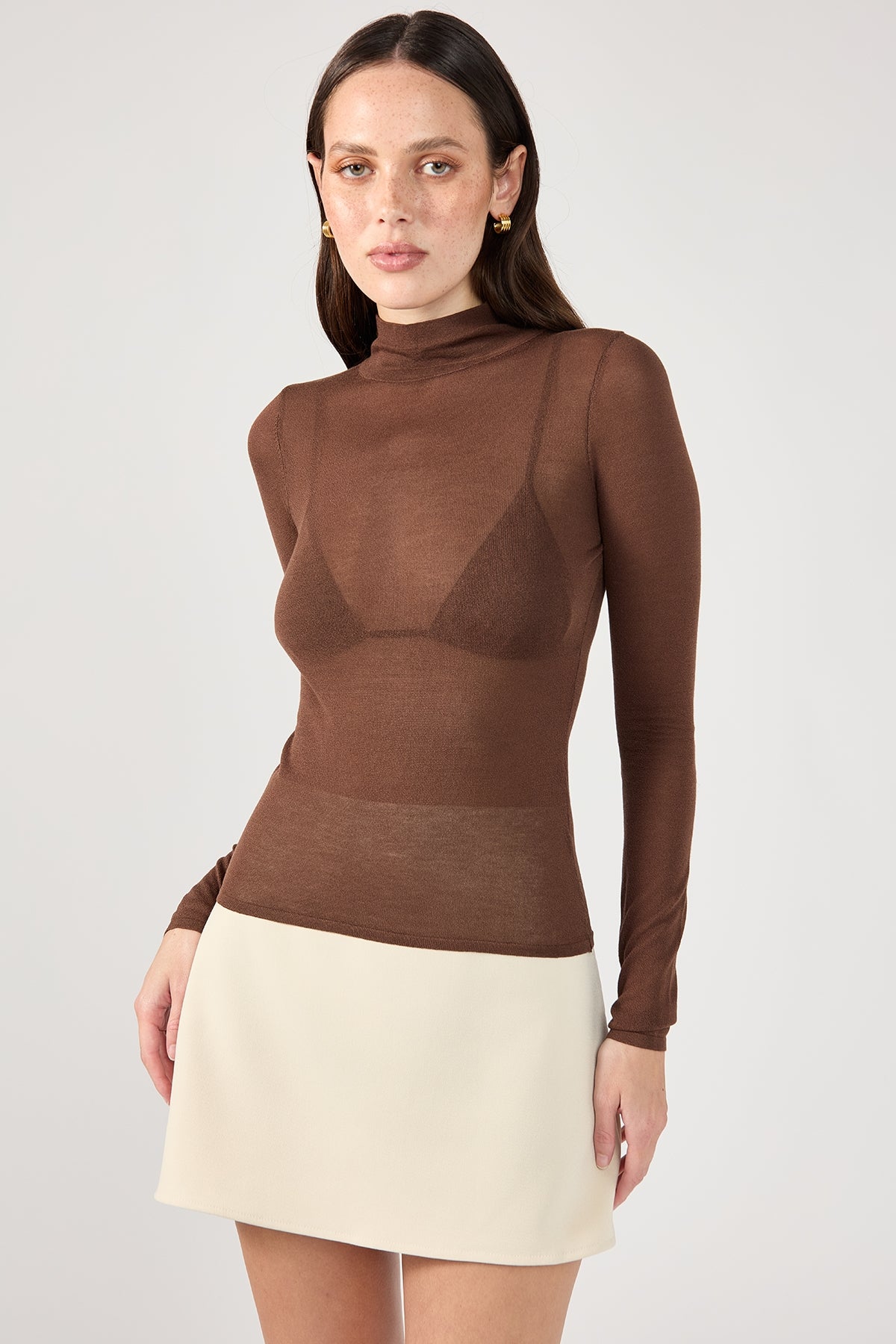Perfect Stranger Pia Sheer Long Sleeve Skivvy Choc