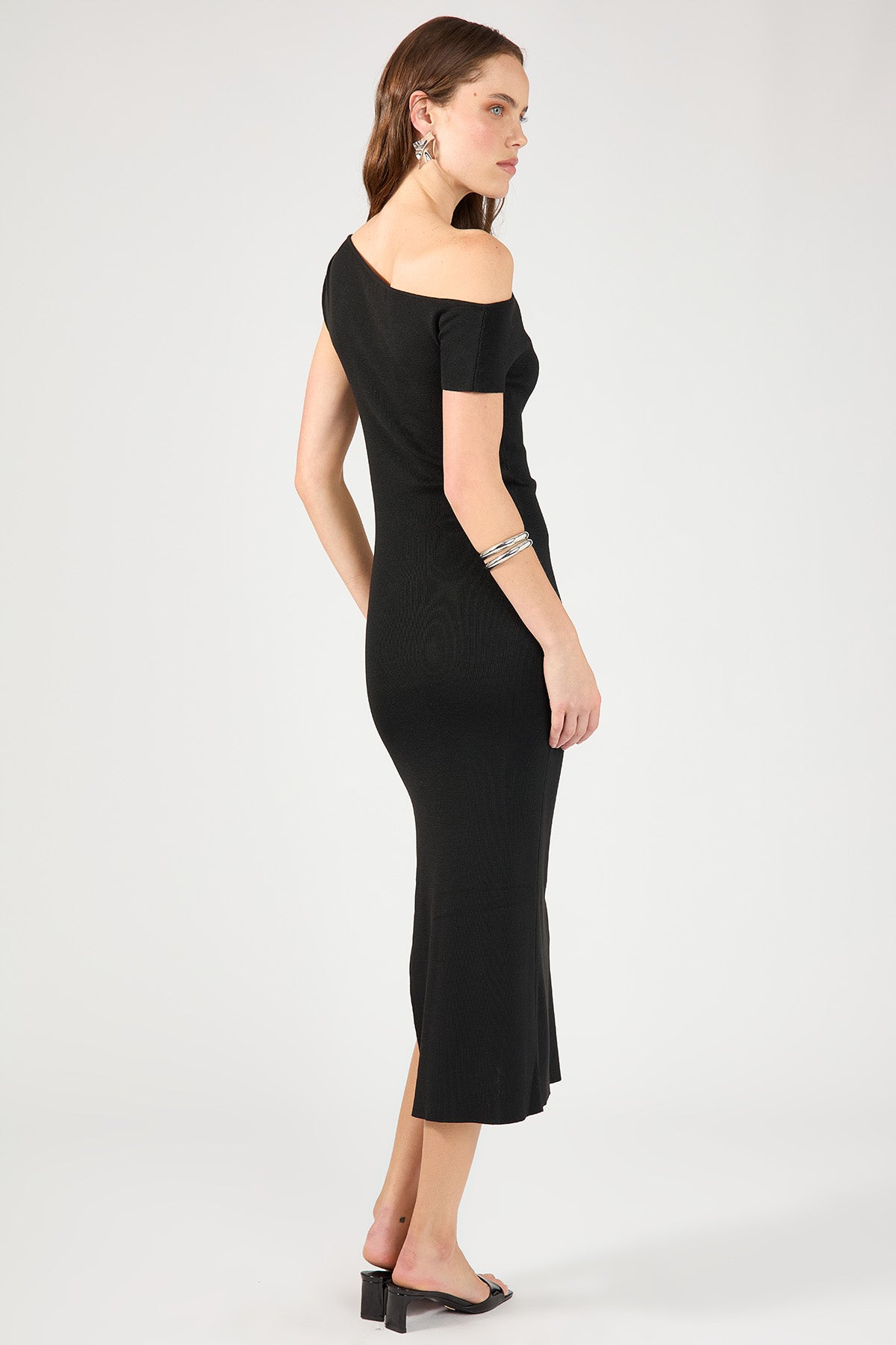 Perfect Stranger Draped Shoulder Knit Dress Black