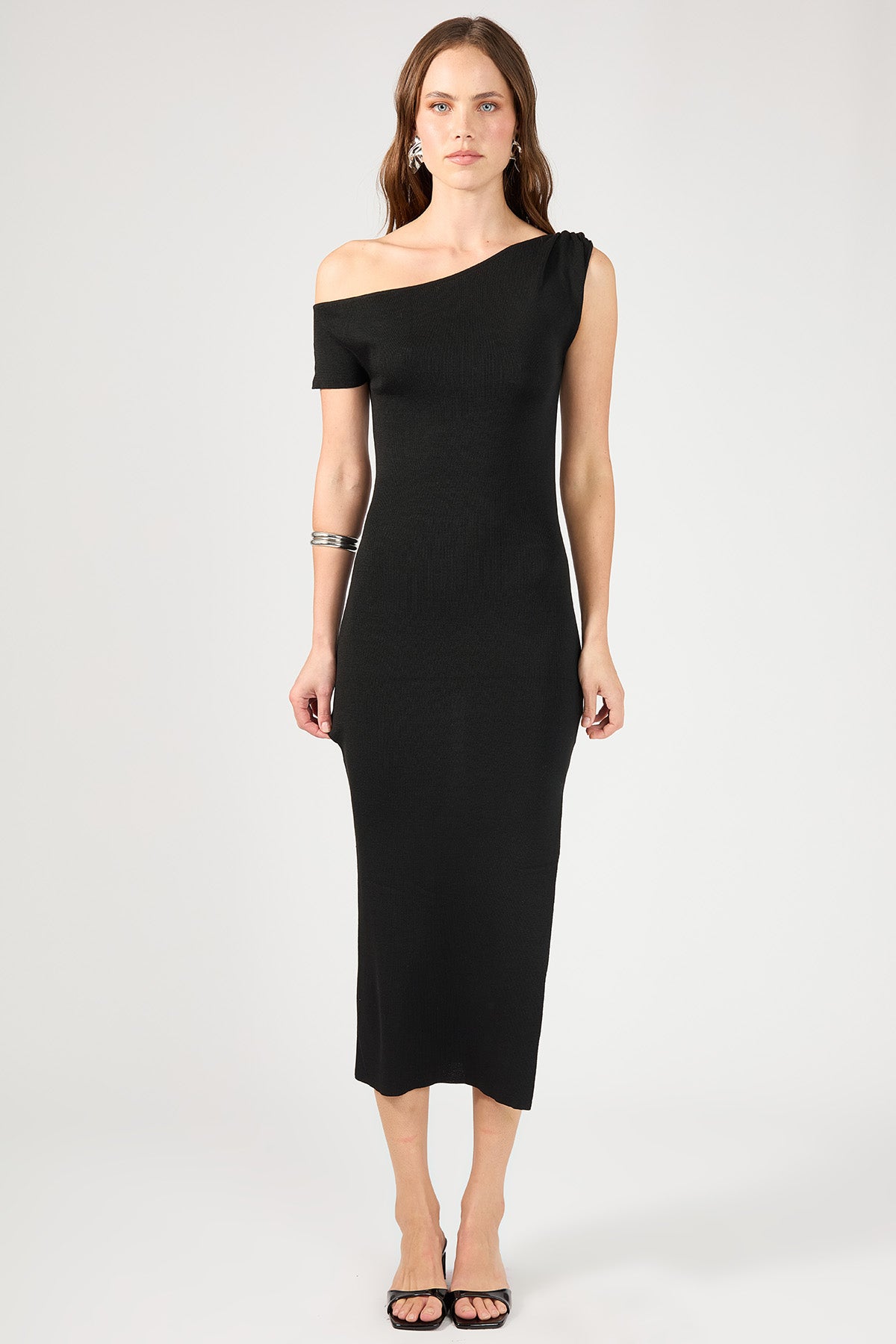 Perfect Stranger Draped Shoulder Knit Dress Black