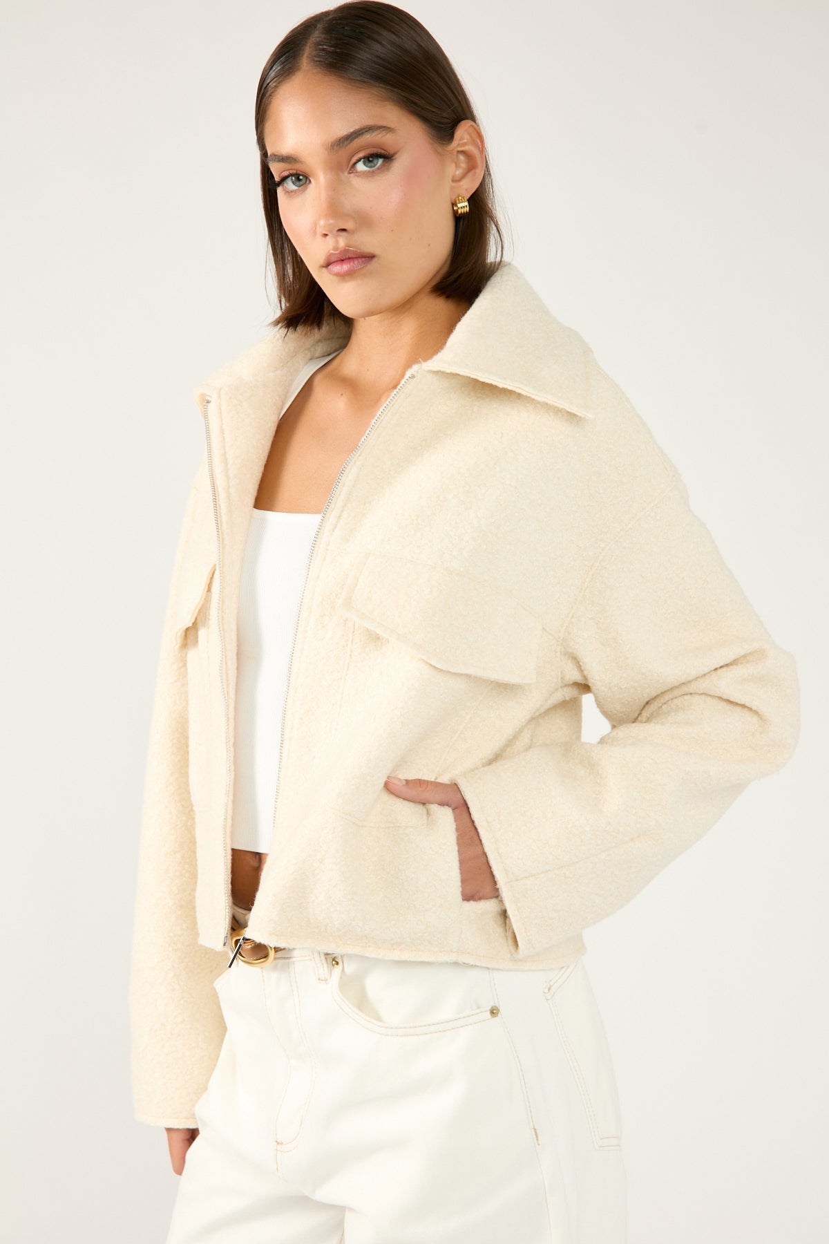 Perfect Stranger Pixie Textured Zip Up Jacket Cream