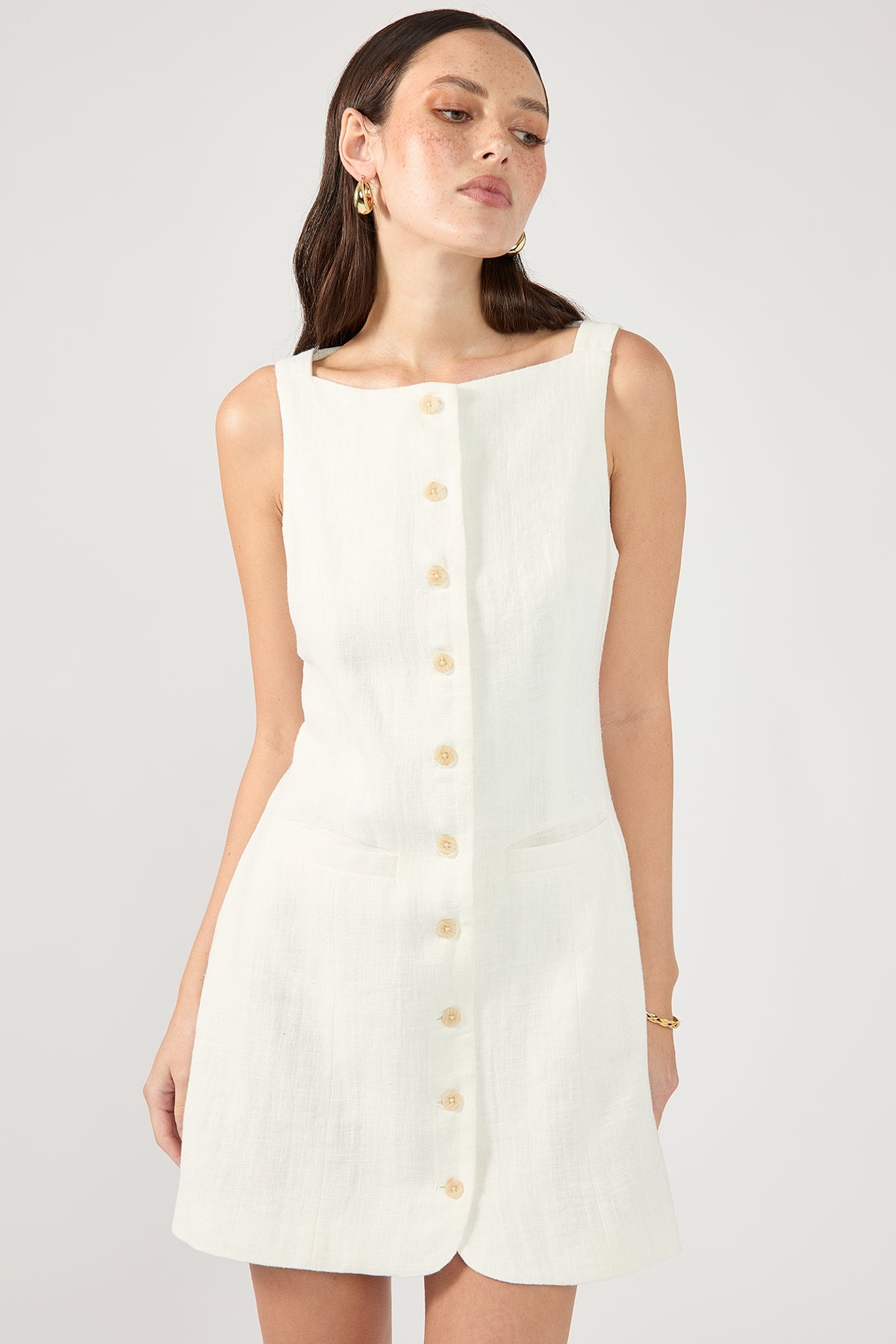 white dress with buttons Perfect Stranger High Neck Button Up Linen Mini Dress White