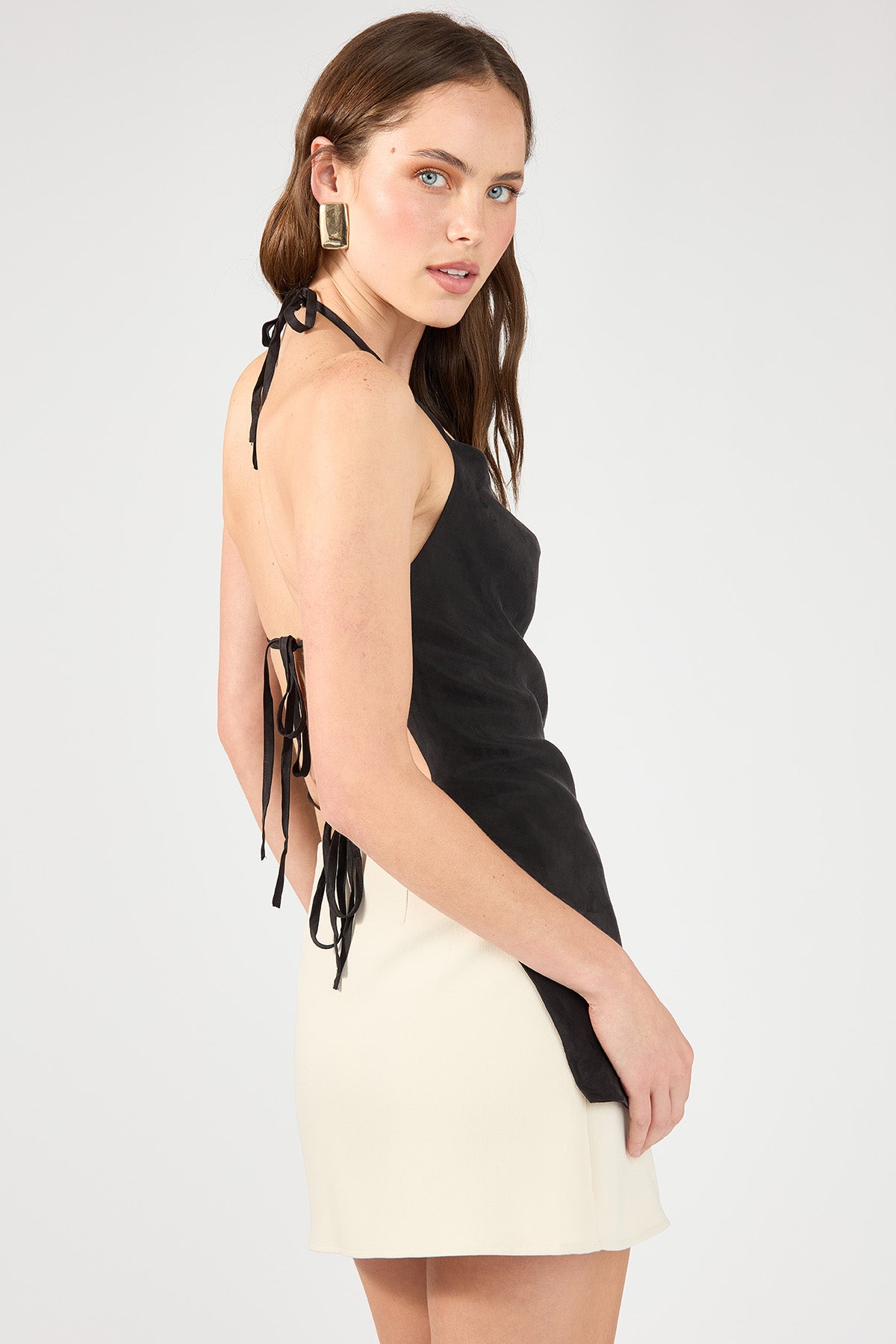 Perfect Stranger Giulia Long Line Tie Back Cupro Top Black