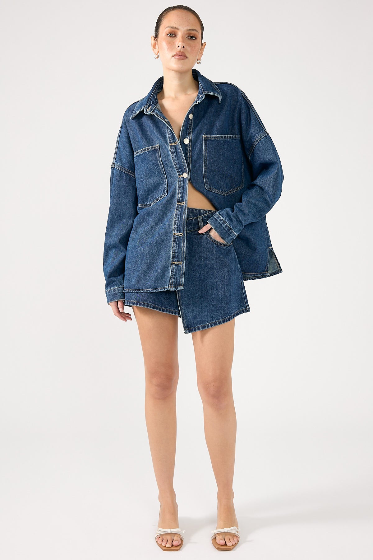 Perfect Stranger Sonya Wrap Denim Mini Skirt Mid Blue Denim