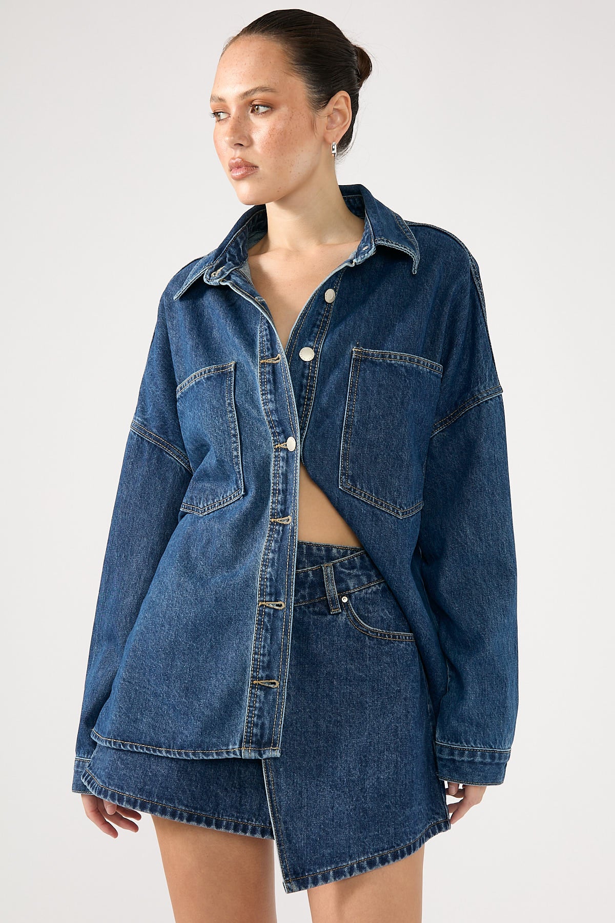 Perfect Stranger Sonya Wrap Denim Mini Skirt Mid Blue Denim