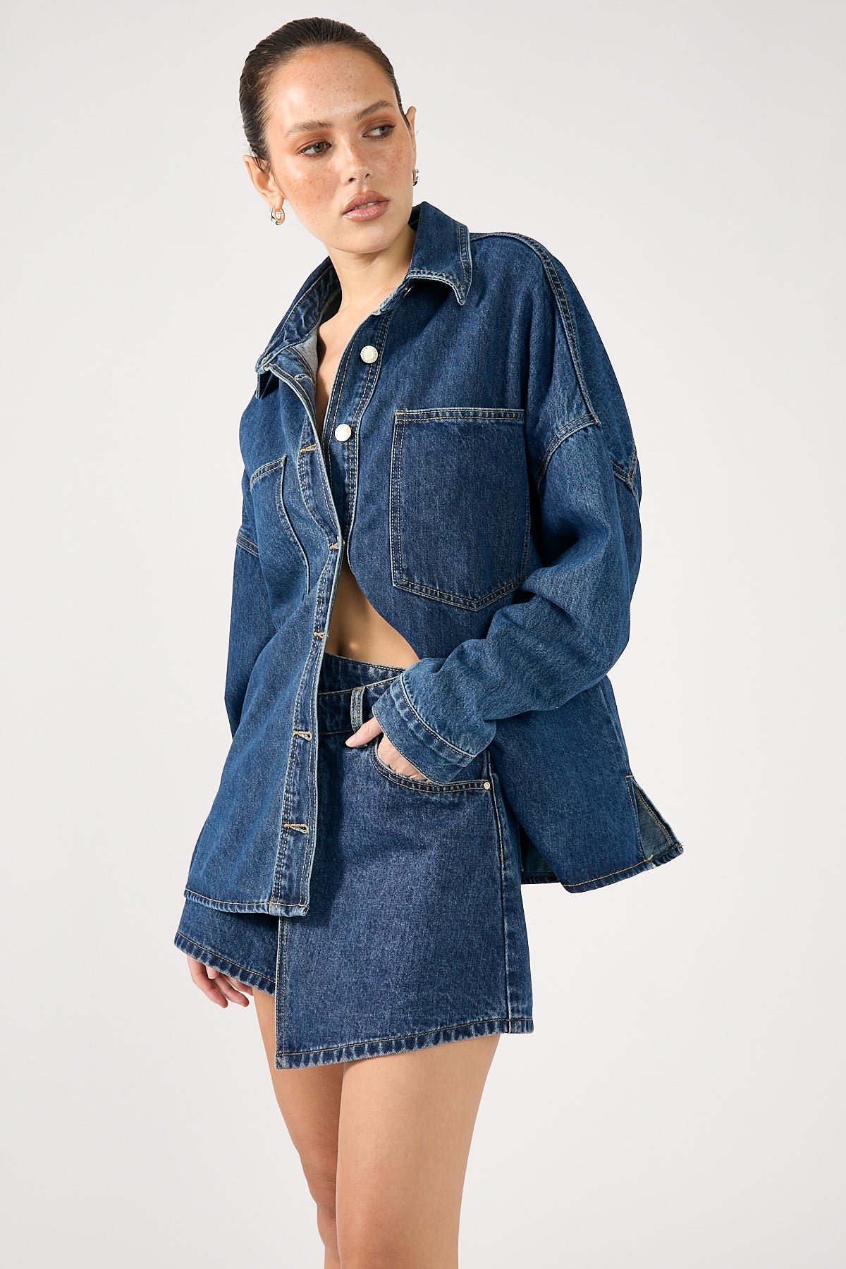 Perfect Stranger Sonya Wrap Denim Mini Skirt Mid Blue Denim