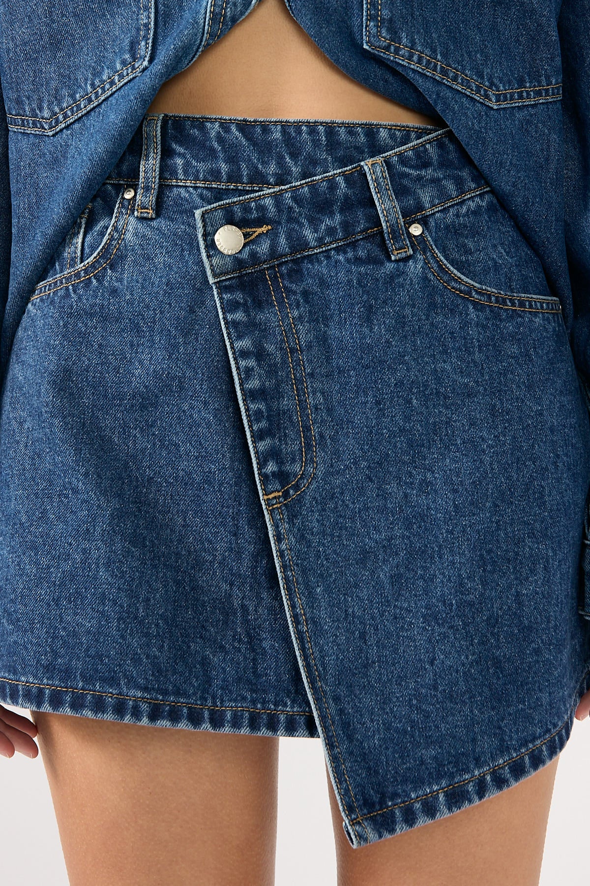 Perfect Stranger Sonya Wrap Denim Mini Skirt Mid Blue Denim